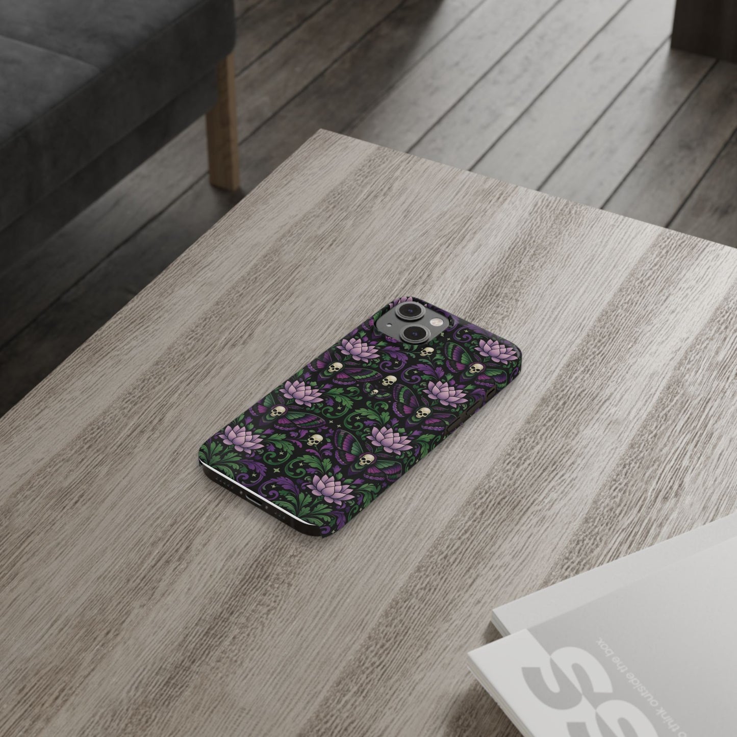 Gothic Lotus & Skull Slim Phone Case — Dark Floral Pattern for iPhone
