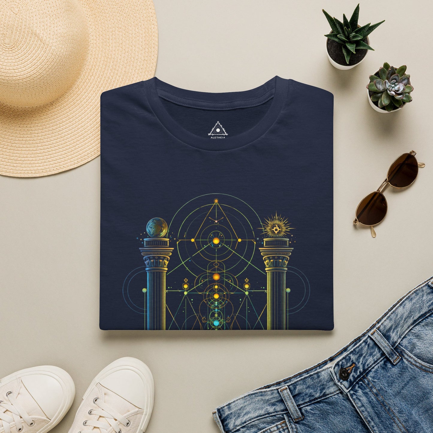 Mystic Pillars Geometry T-Shirt — Celestial Alchemy Graphic Tee
