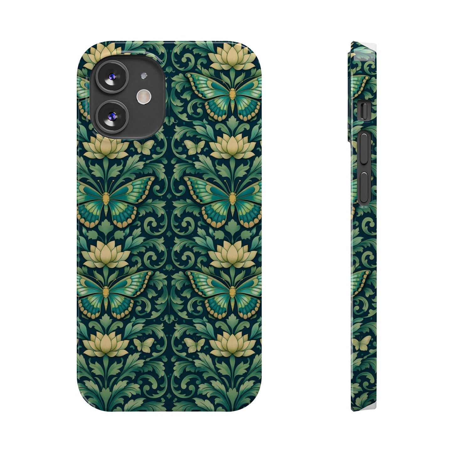Slim Phone Case — Vintage Green Butterfly & Lotus Pattern