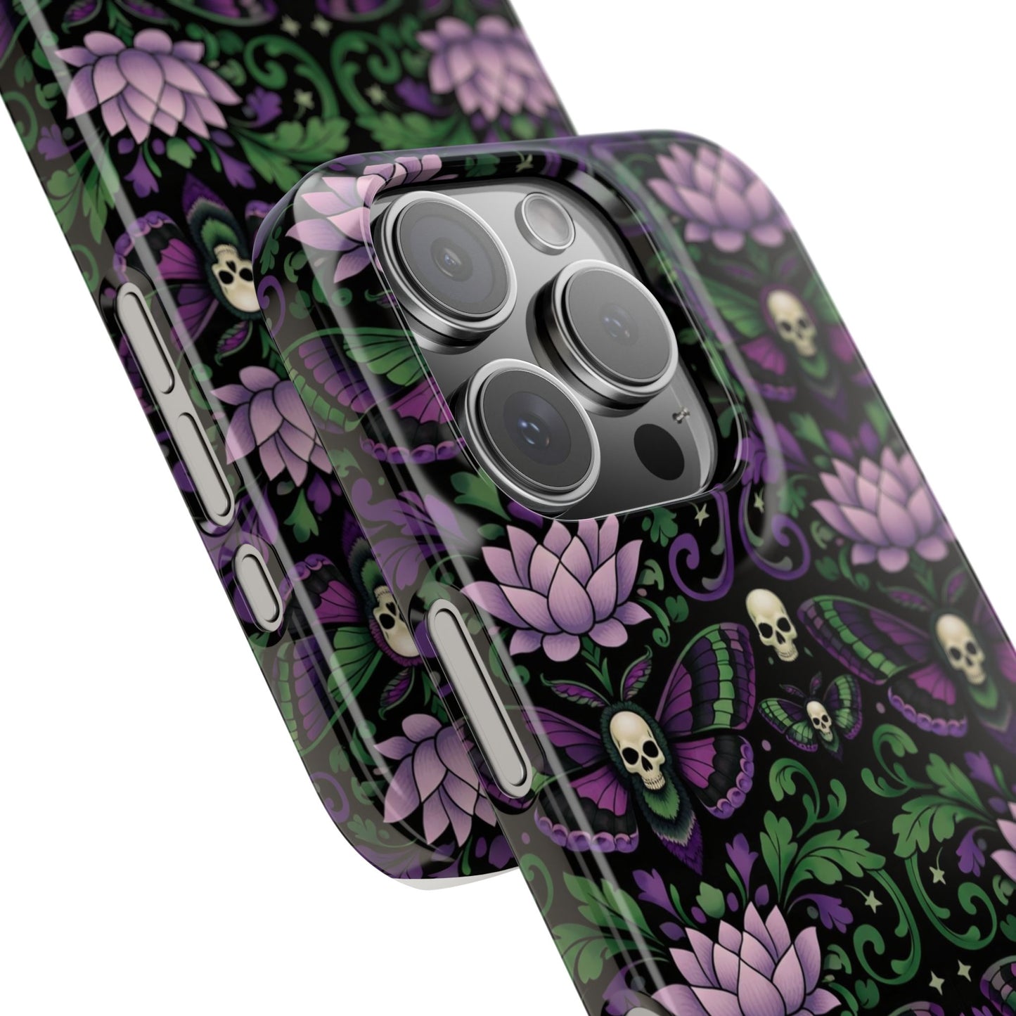 Gothic Lotus & Skull Slim Phone Case — Dark Floral Pattern for iPhone