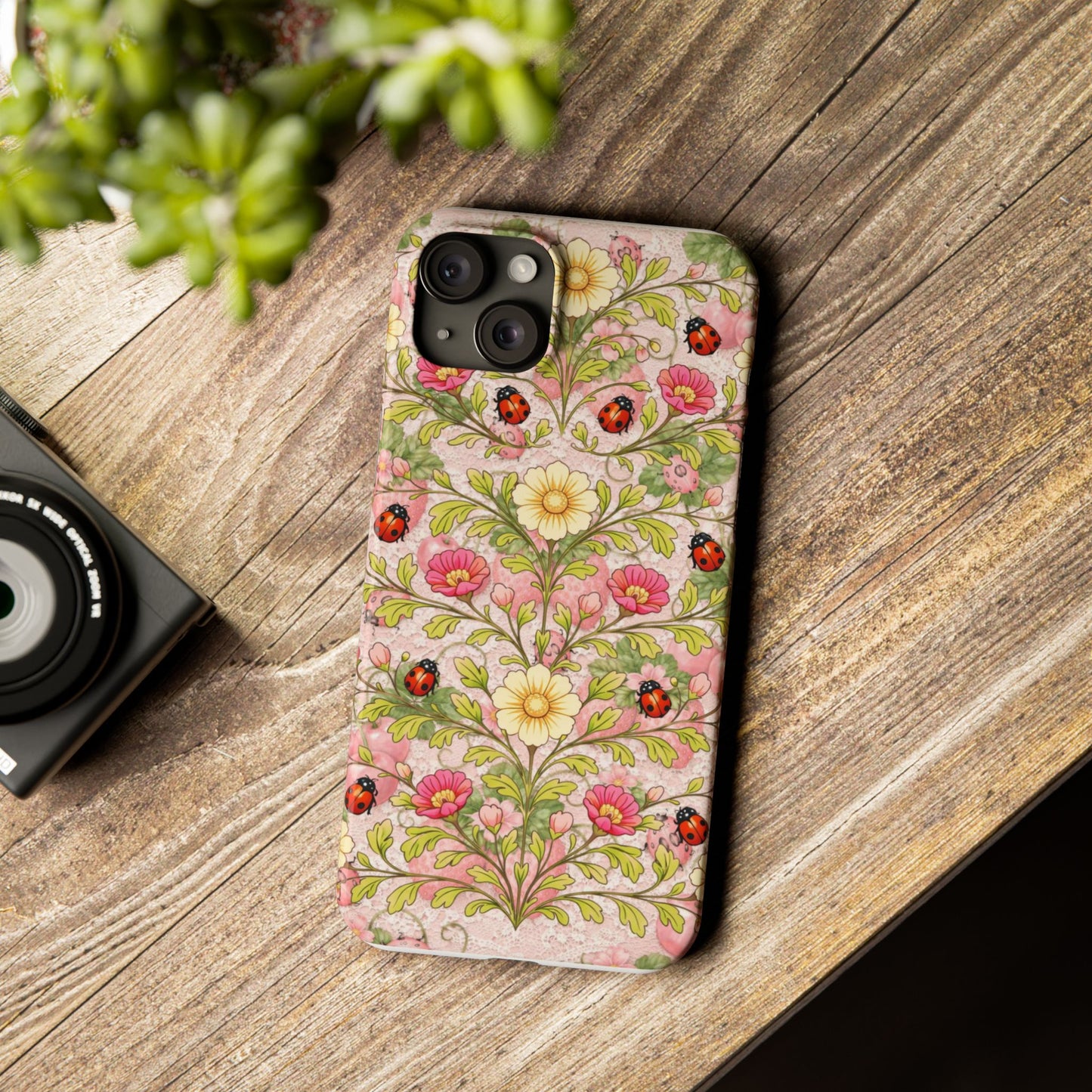 Floral Ladybug Slim Phone Case — Vintage Botanical Pink Garden Design