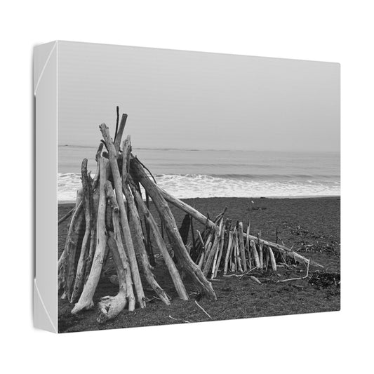 Driftwood Beach Shack Canvas | Black and White Coastal Wall Art