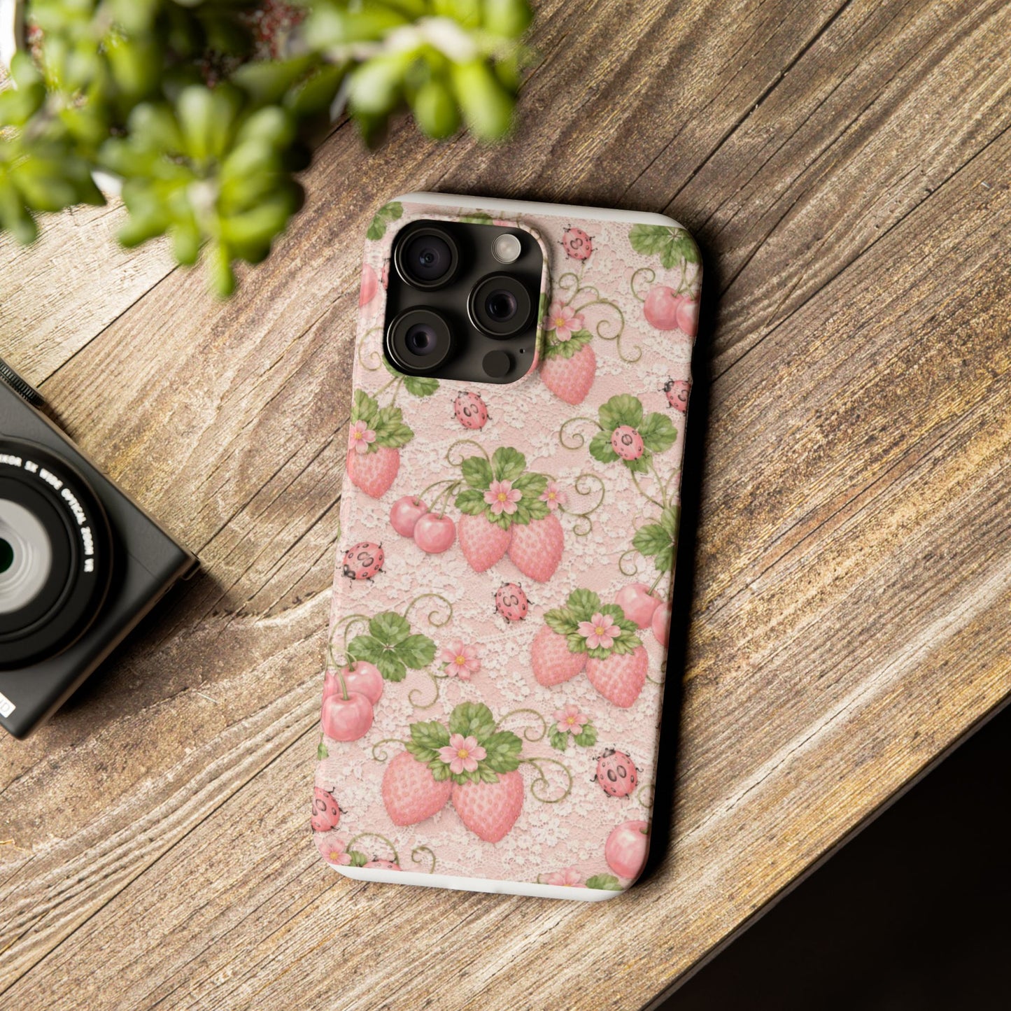 Strawberry Pattern Slim Phone Case — Vintage Pink Floral Fruit Design