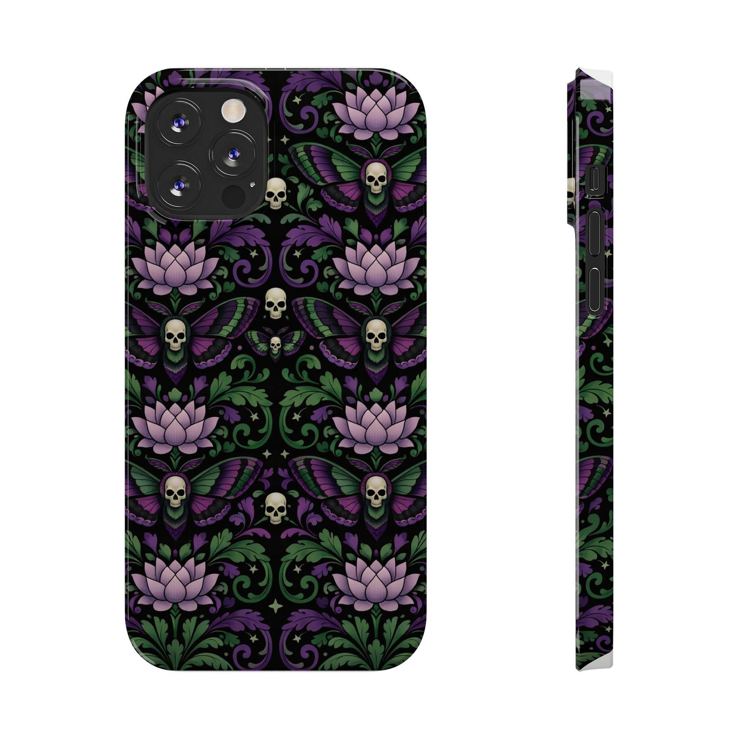 Gothic Lotus & Skull Slim Phone Case — Dark Floral Pattern for iPhone
