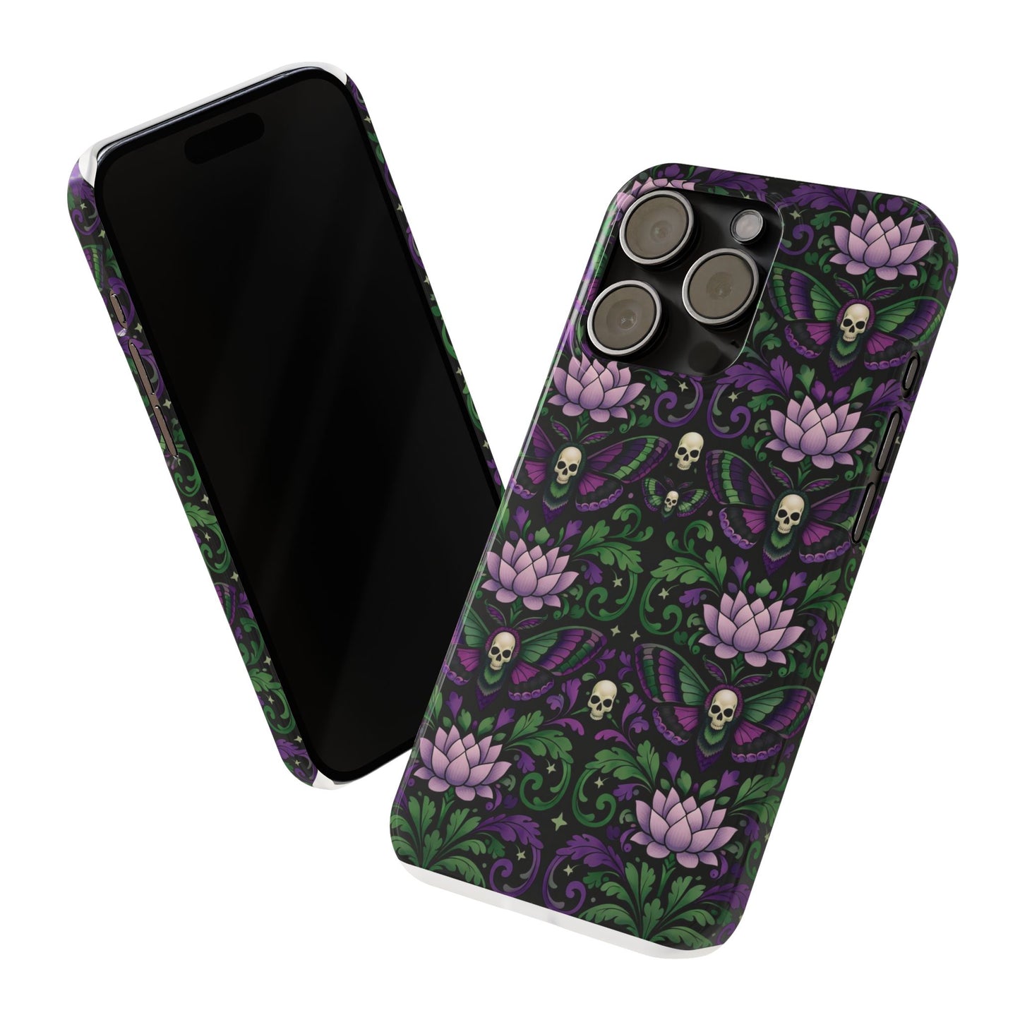 Gothic Lotus & Skull Slim Phone Case — Dark Floral Pattern for iPhone