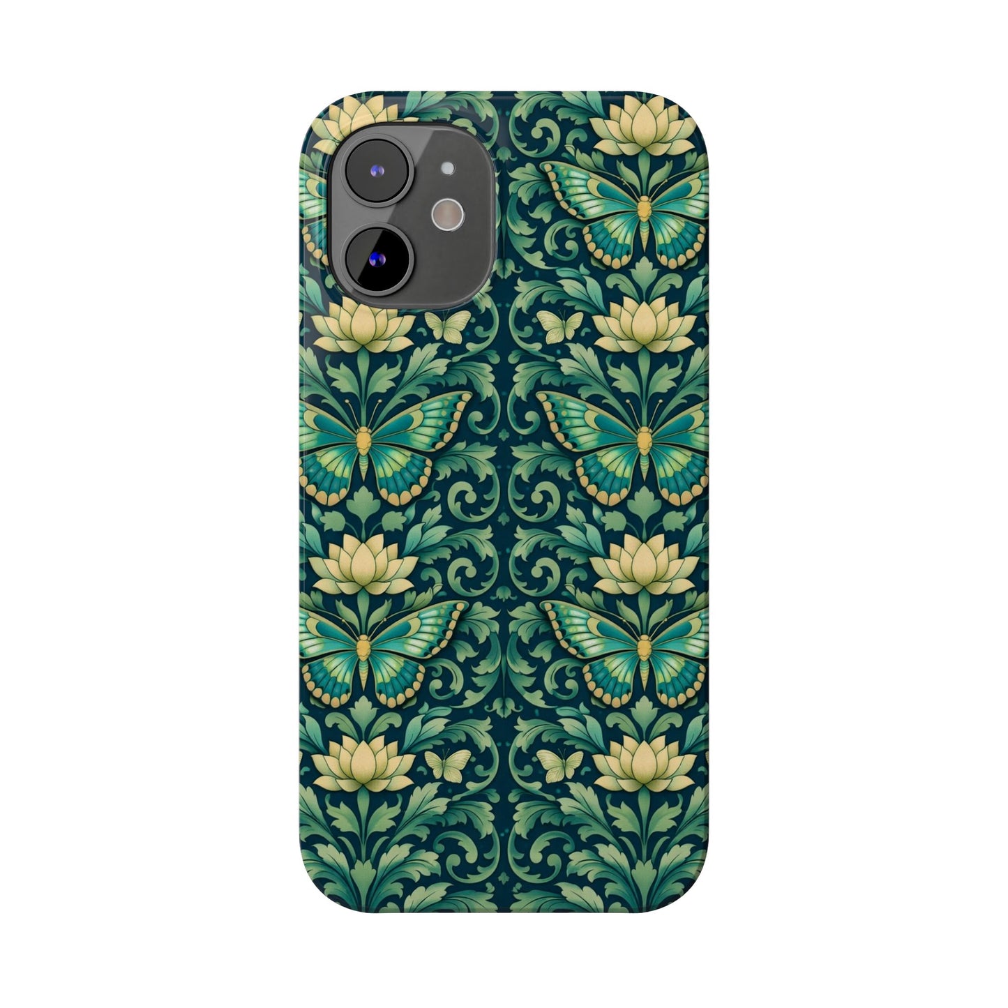 Slim Phone Case — Vintage Green Butterfly & Lotus Pattern