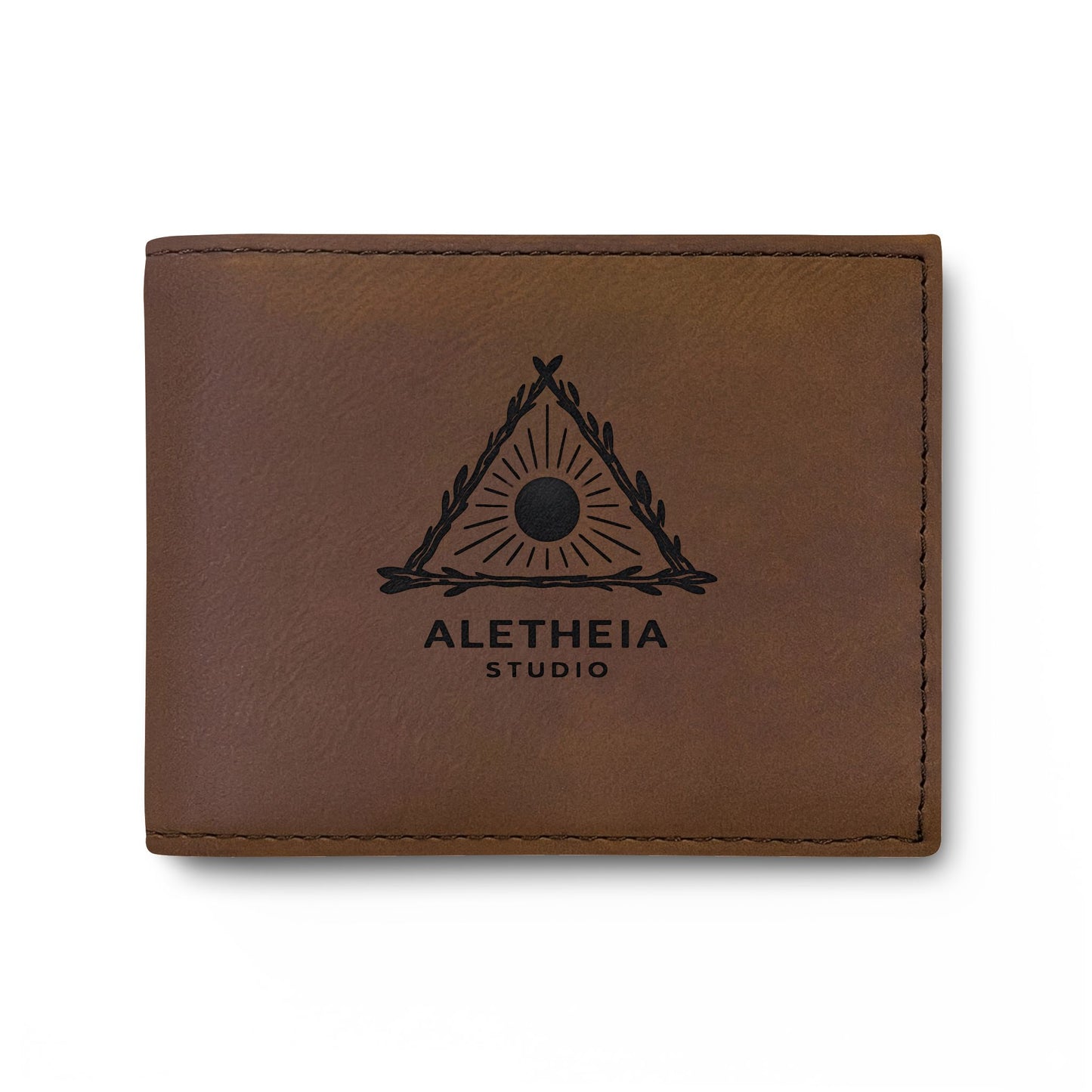 Aletheia Leather Bi-Fold Wallet — Classic Brown Flip Wallet with Logo