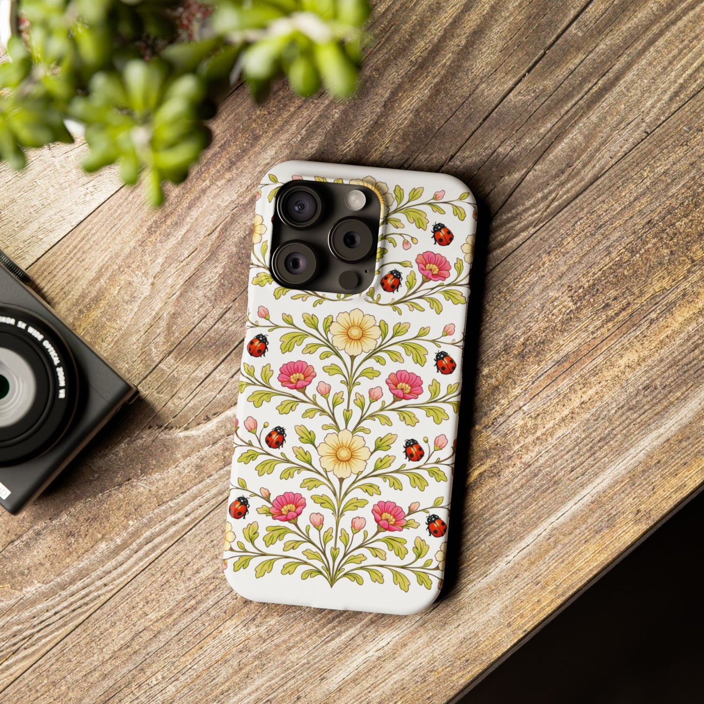 Floral Ladybug Slim Phone Case — Vintage Garden Pattern