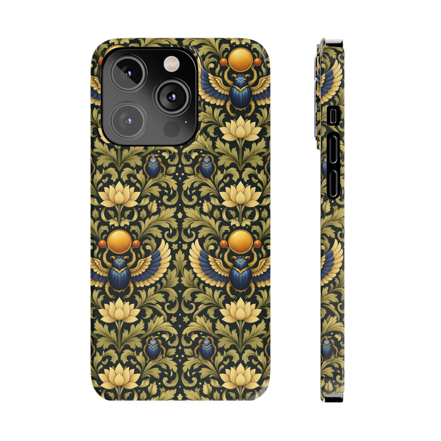 Slim Phone Case — Vintage Egyptian Scarab & Lotus Pattern (Gold on Olive)