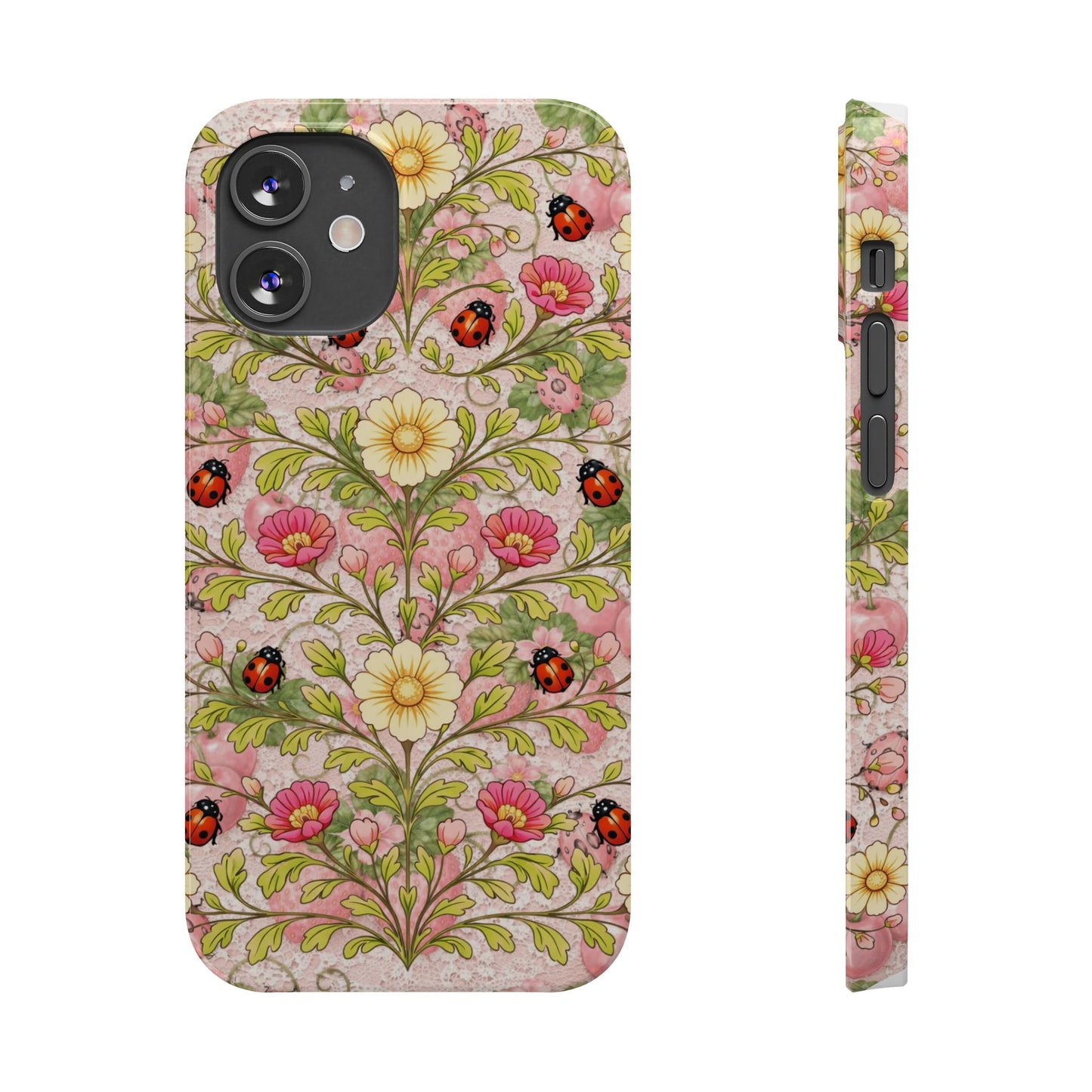 Floral Ladybug Slim Phone Case — Vintage Botanical Pink Garden Design