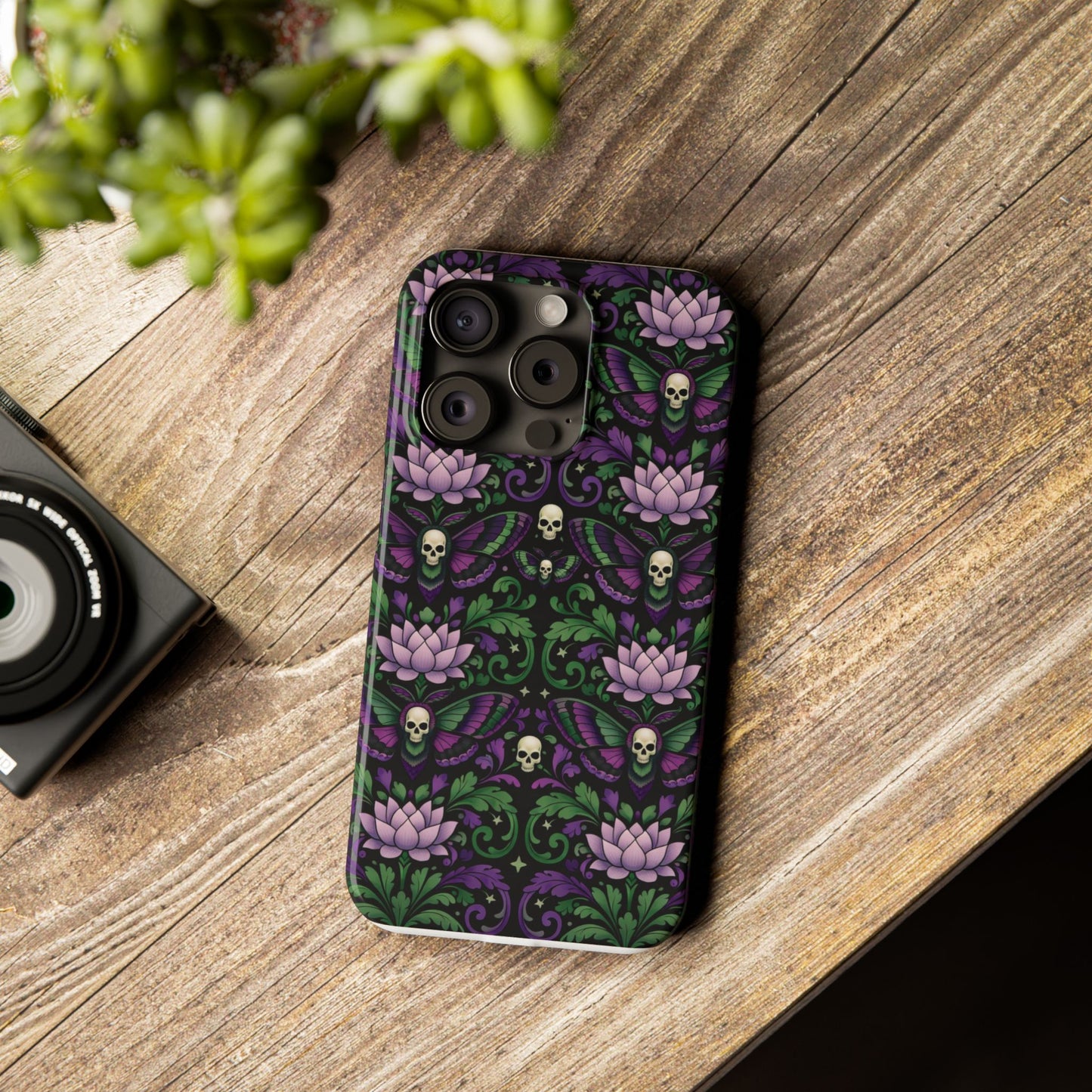 Gothic Lotus & Skull Slim Phone Case — Dark Floral Pattern for iPhone