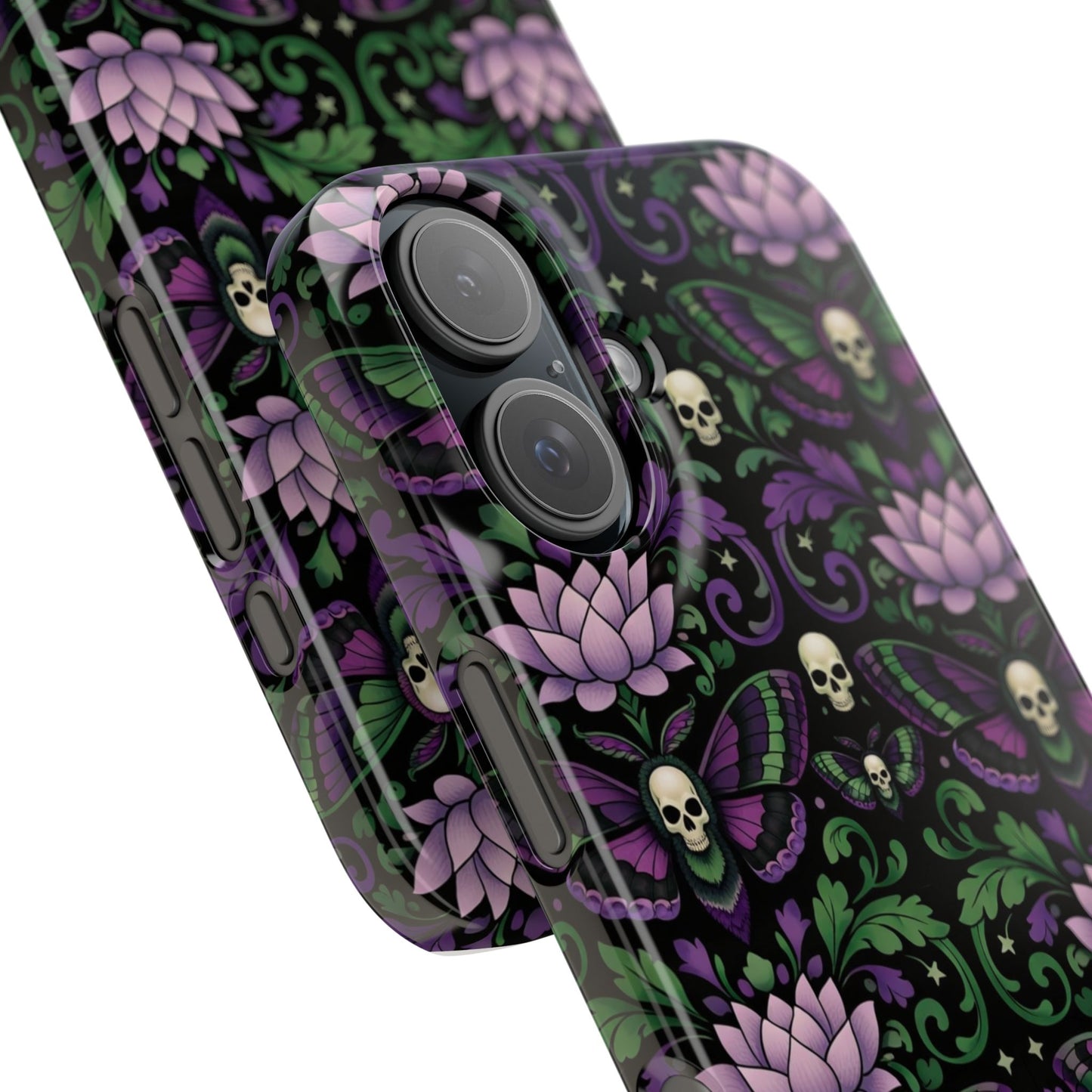 Gothic Lotus & Skull Slim Phone Case — Dark Floral Pattern for iPhone