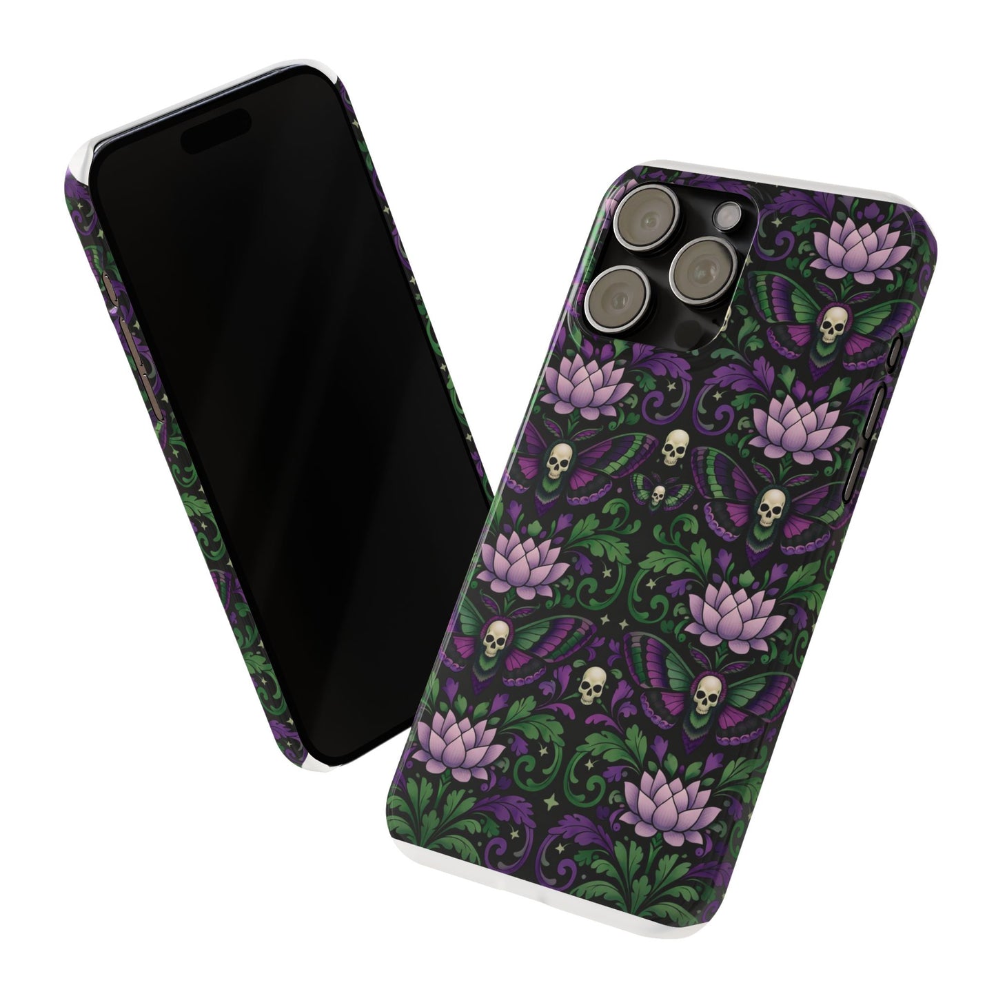 Gothic Lotus & Skull Slim Phone Case — Dark Floral Pattern for iPhone