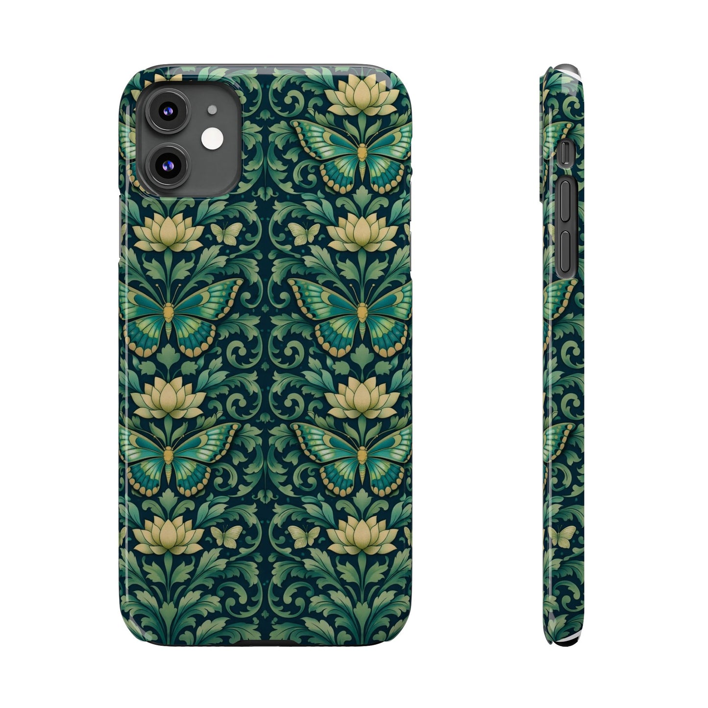 Slim Phone Case — Vintage Green Butterfly & Lotus Pattern