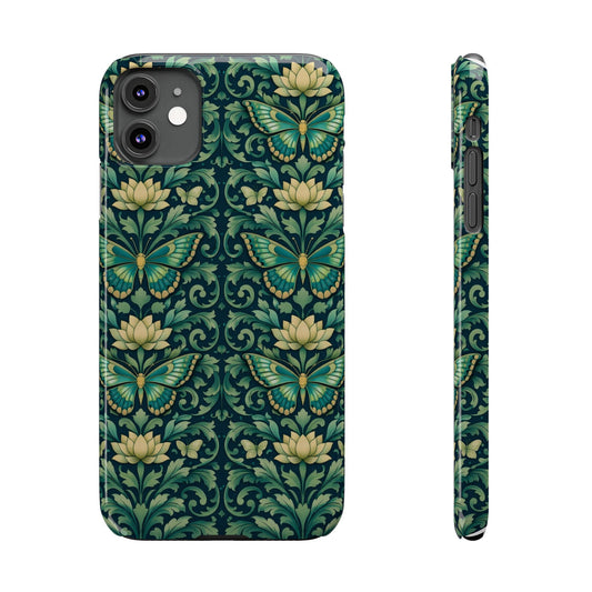 Slim Phone Case — Vintage Green Butterfly & Lotus Pattern