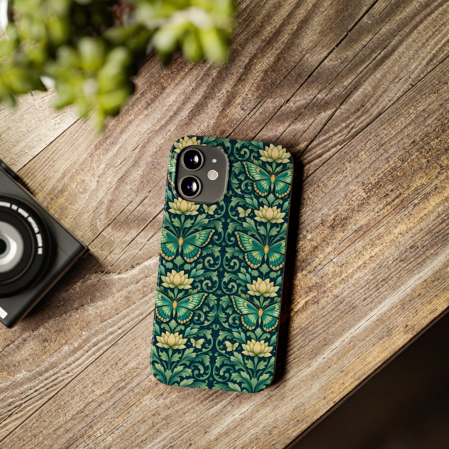 Slim Phone Case — Vintage Green Butterfly & Lotus Pattern