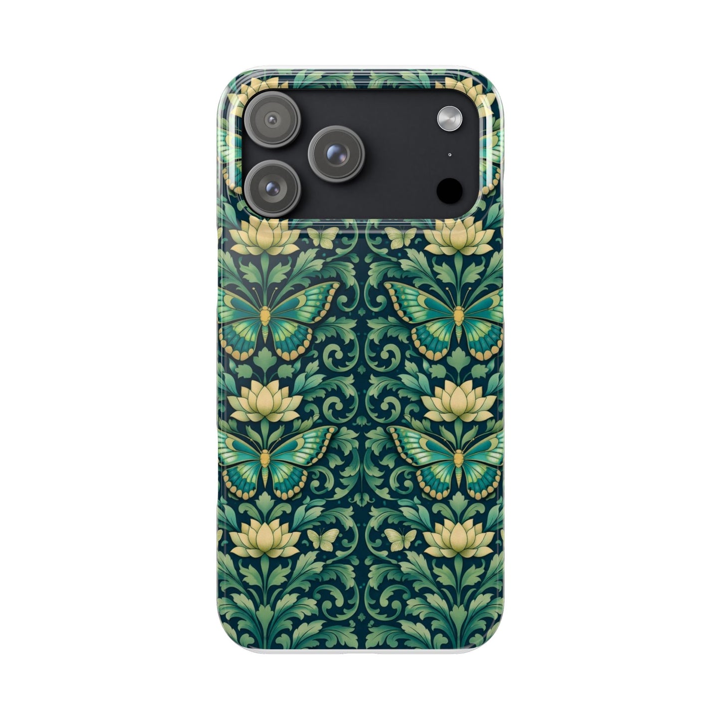 Slim Phone Case — Vintage Green Butterfly & Lotus Pattern