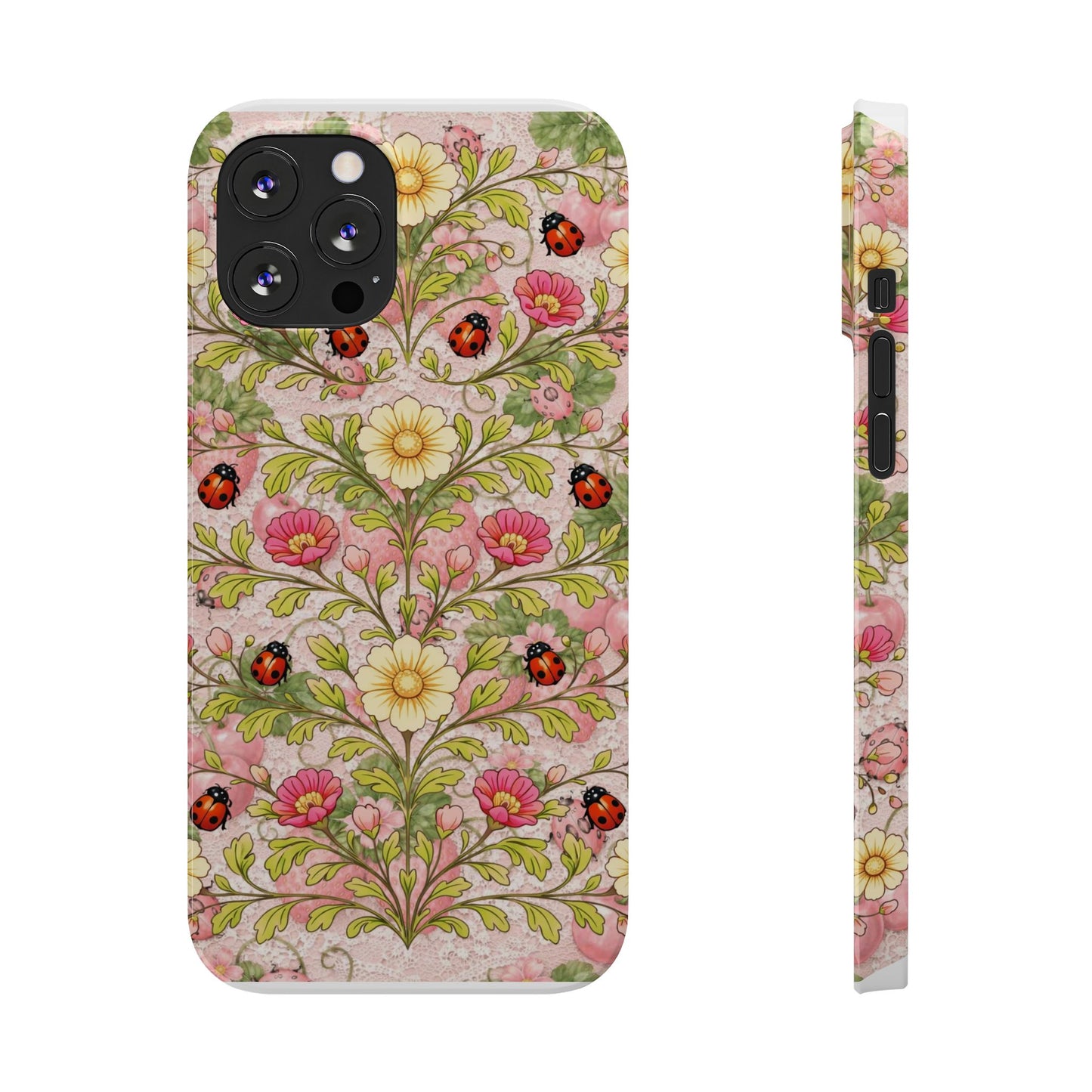 Floral Ladybug Slim Phone Case — Vintage Botanical Pink Garden Design