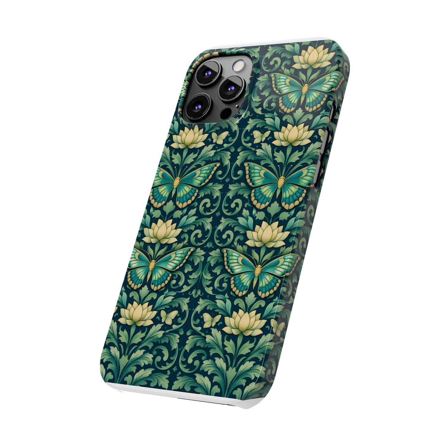 Slim Phone Case — Vintage Green Butterfly & Lotus Pattern
