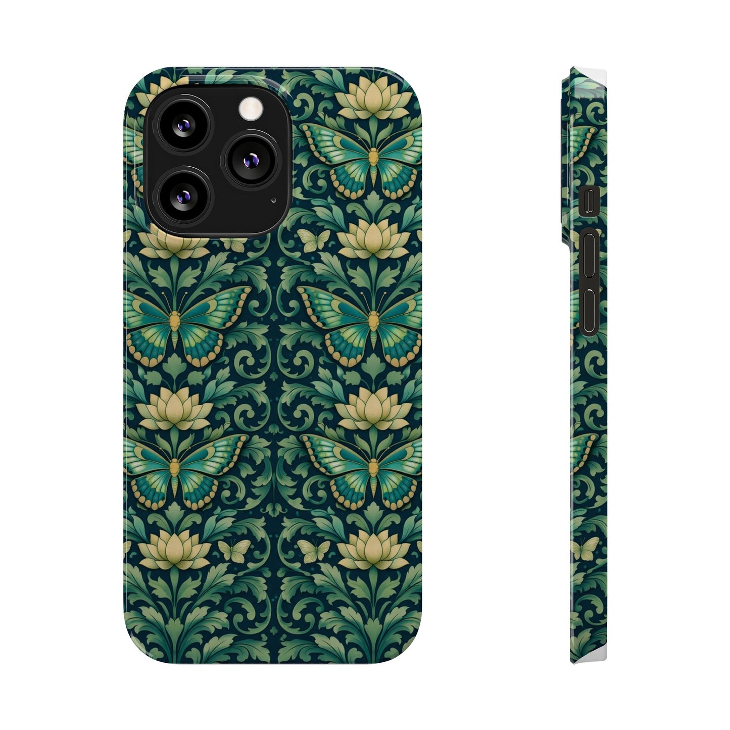 Slim Phone Case — Vintage Green Butterfly & Lotus Pattern