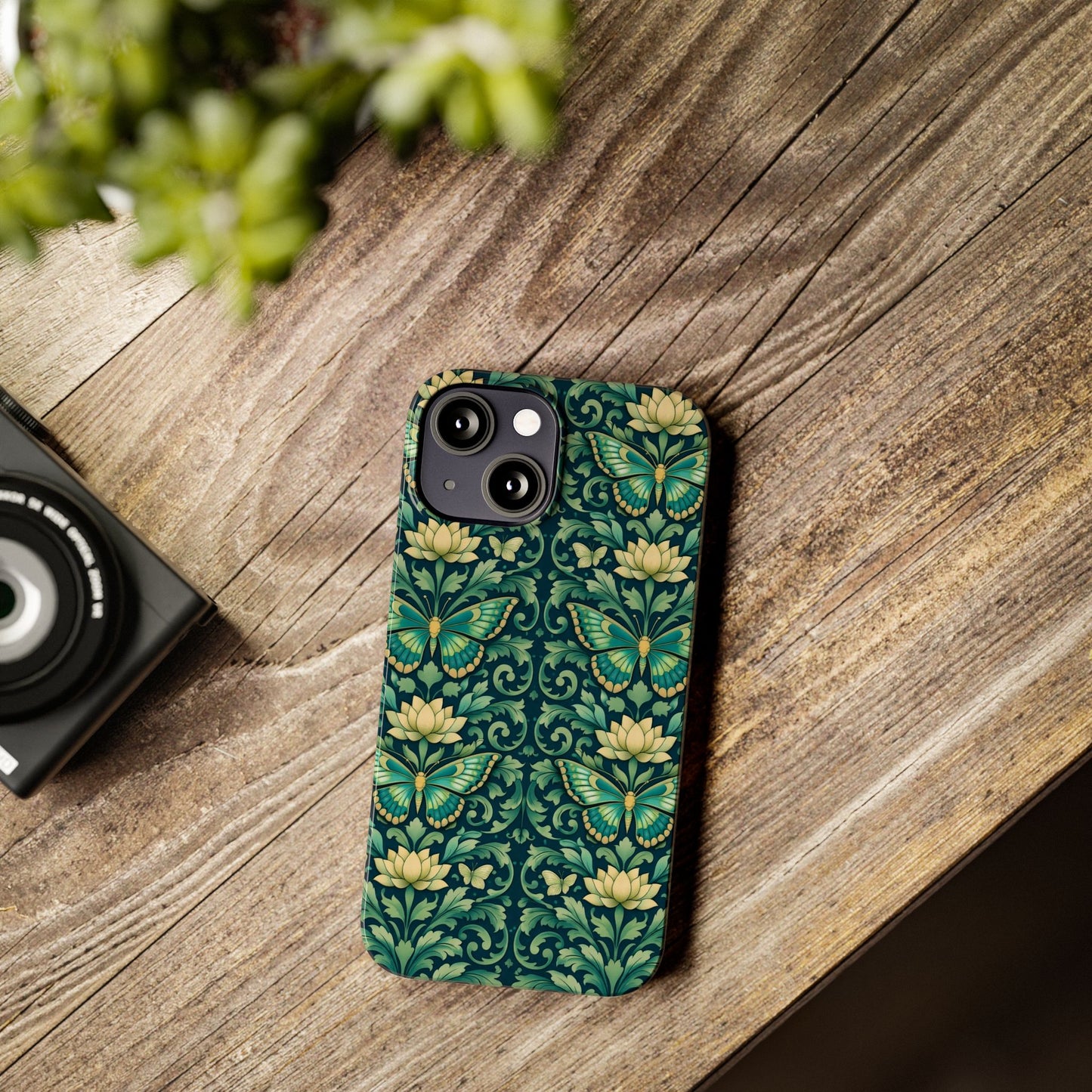 Slim Phone Case — Vintage Green Butterfly & Lotus Pattern