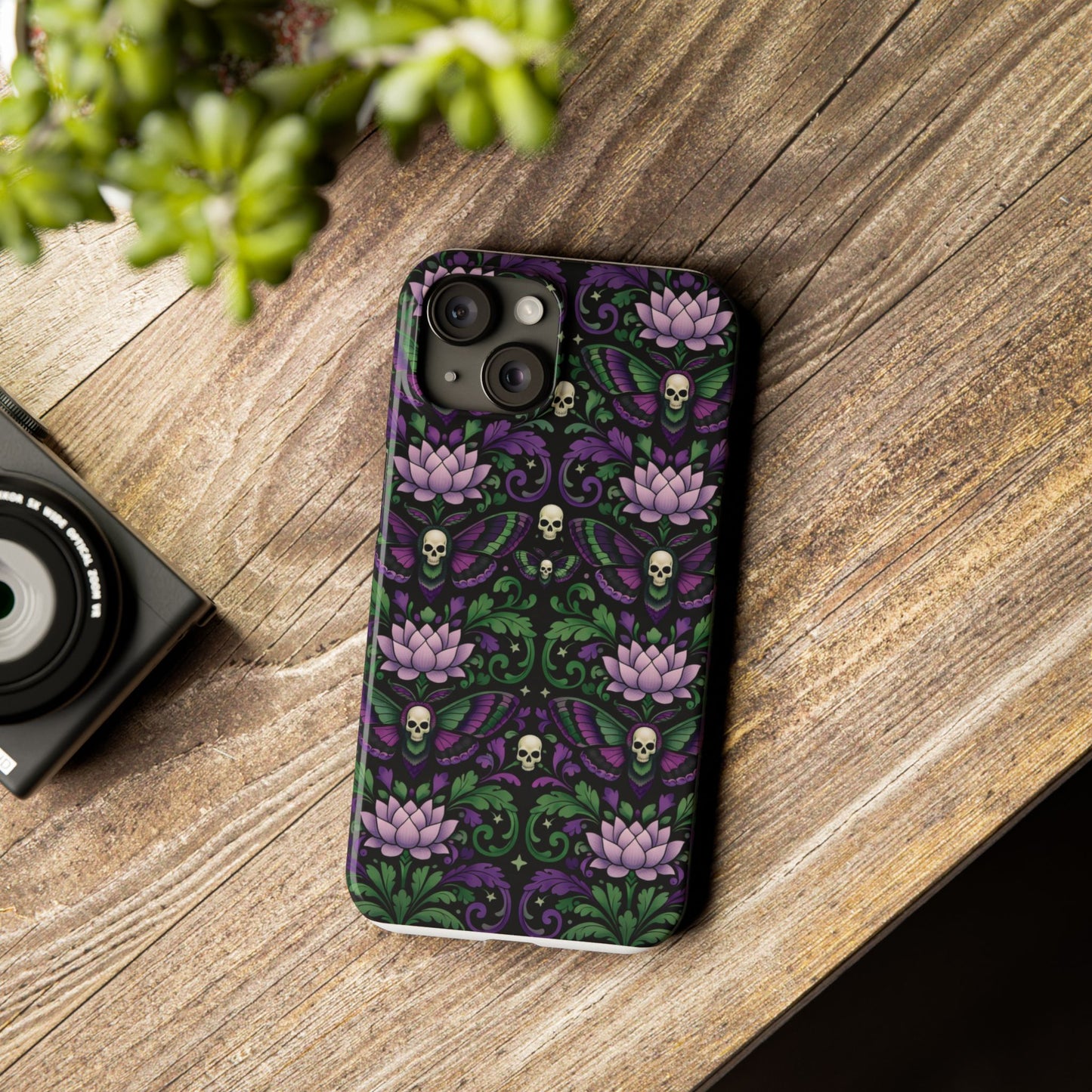 Gothic Lotus & Skull Slim Phone Case — Dark Floral Pattern for iPhone