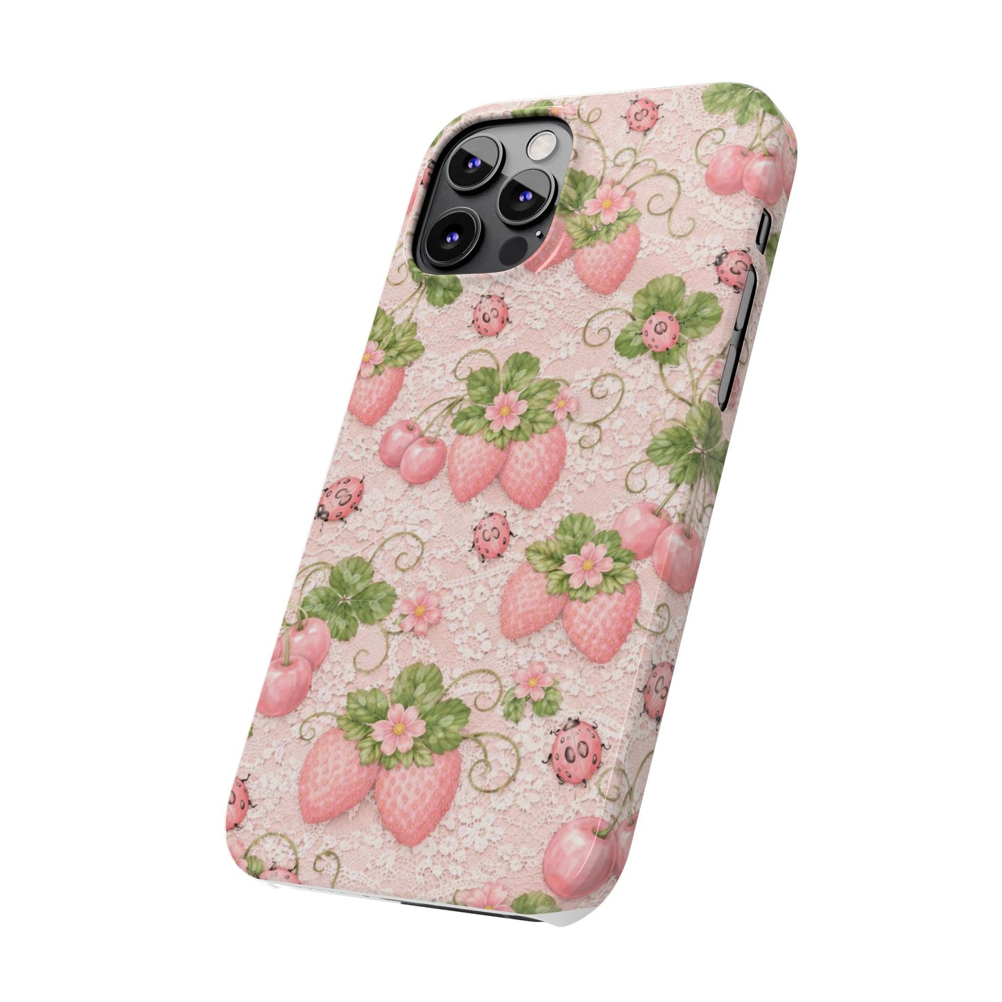Strawberry Pattern Slim Phone Case — Vintage Pink Floral Fruit Design