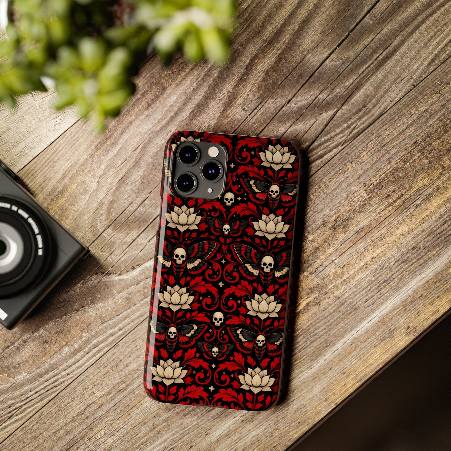 Gothic Skull & Lotus Slim Phone Case — Red Damask Moth Pattern