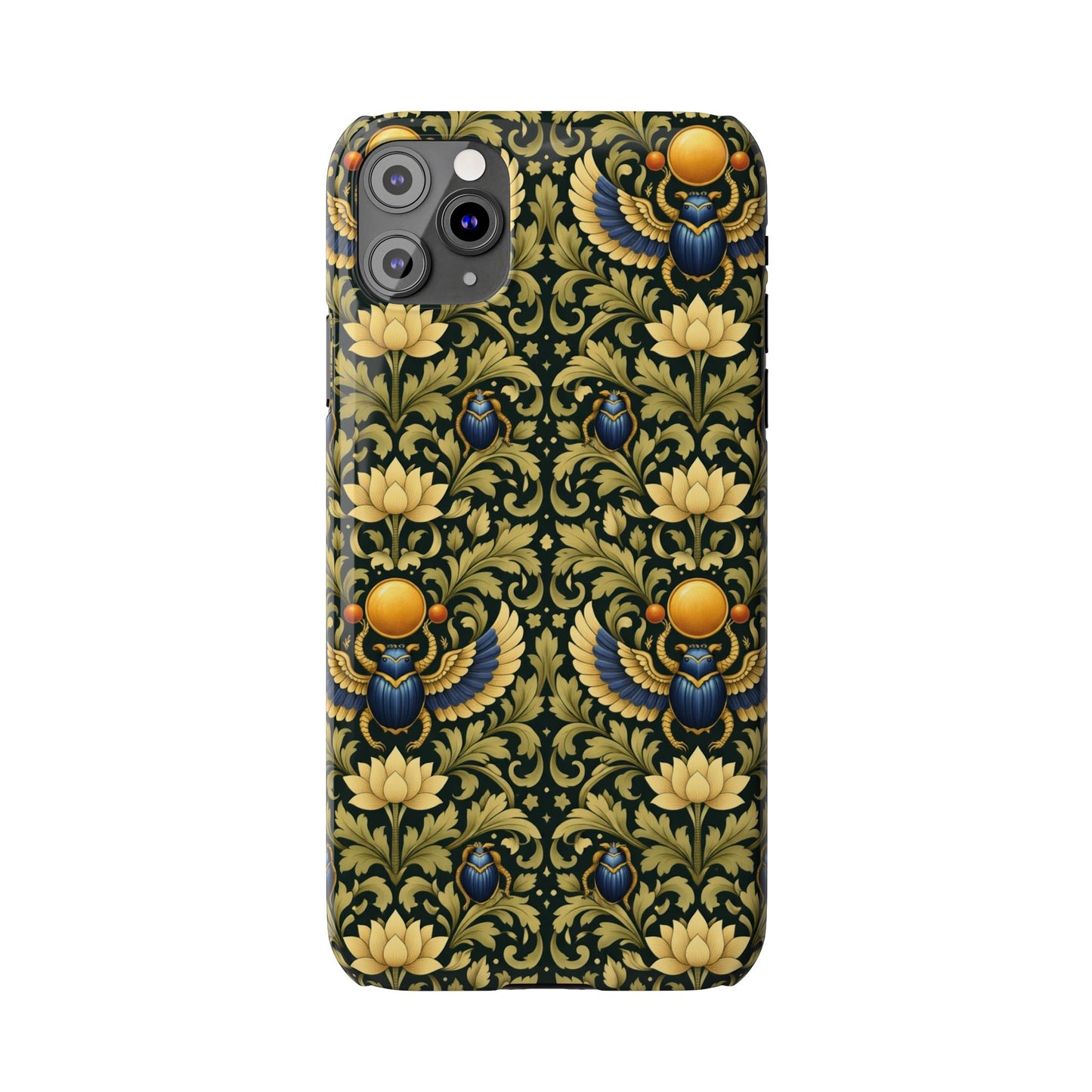 Slim Phone Case — Vintage Egyptian Scarab & Lotus Pattern (Gold on Olive)