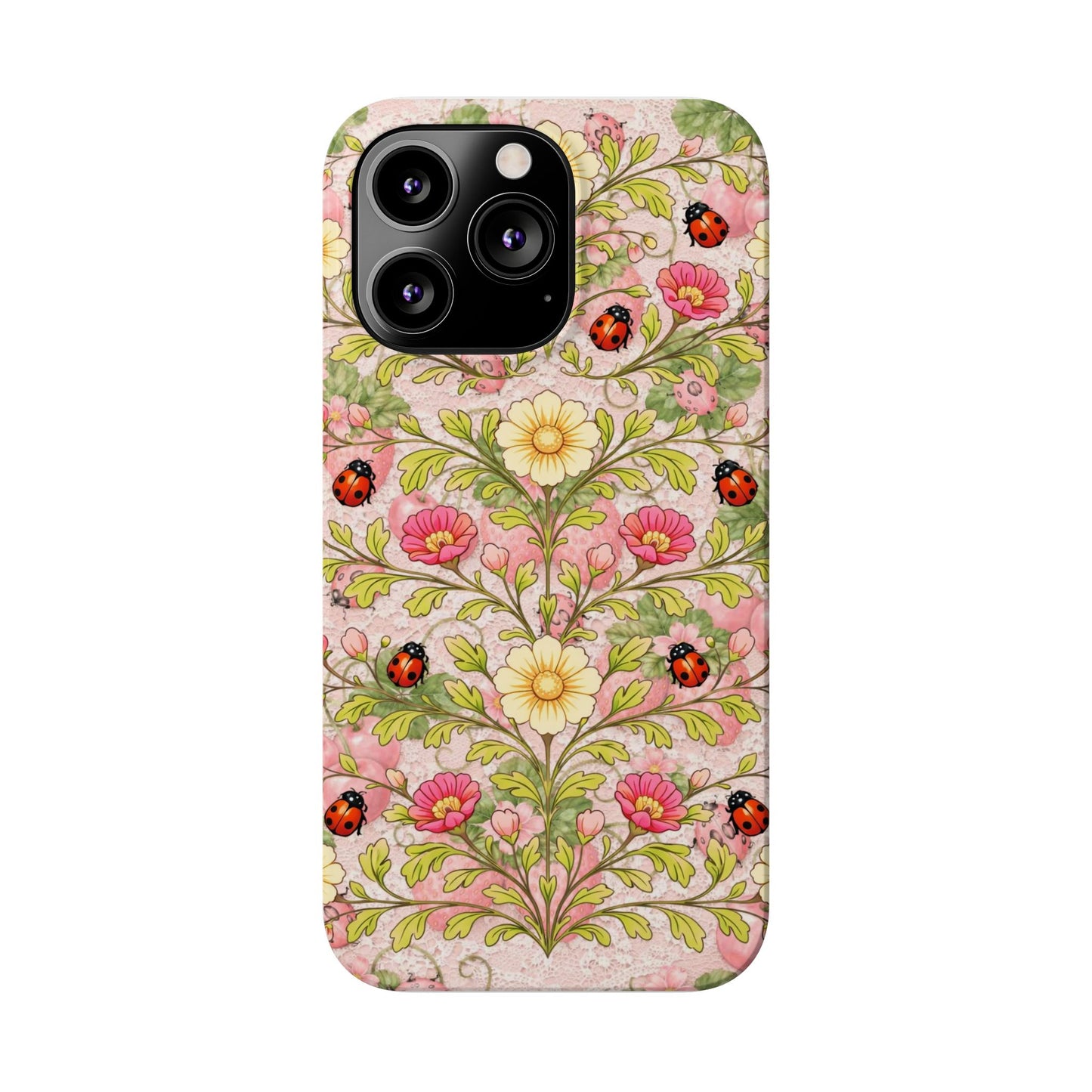 Floral Ladybug Slim Phone Case — Vintage Botanical Pink Garden Design