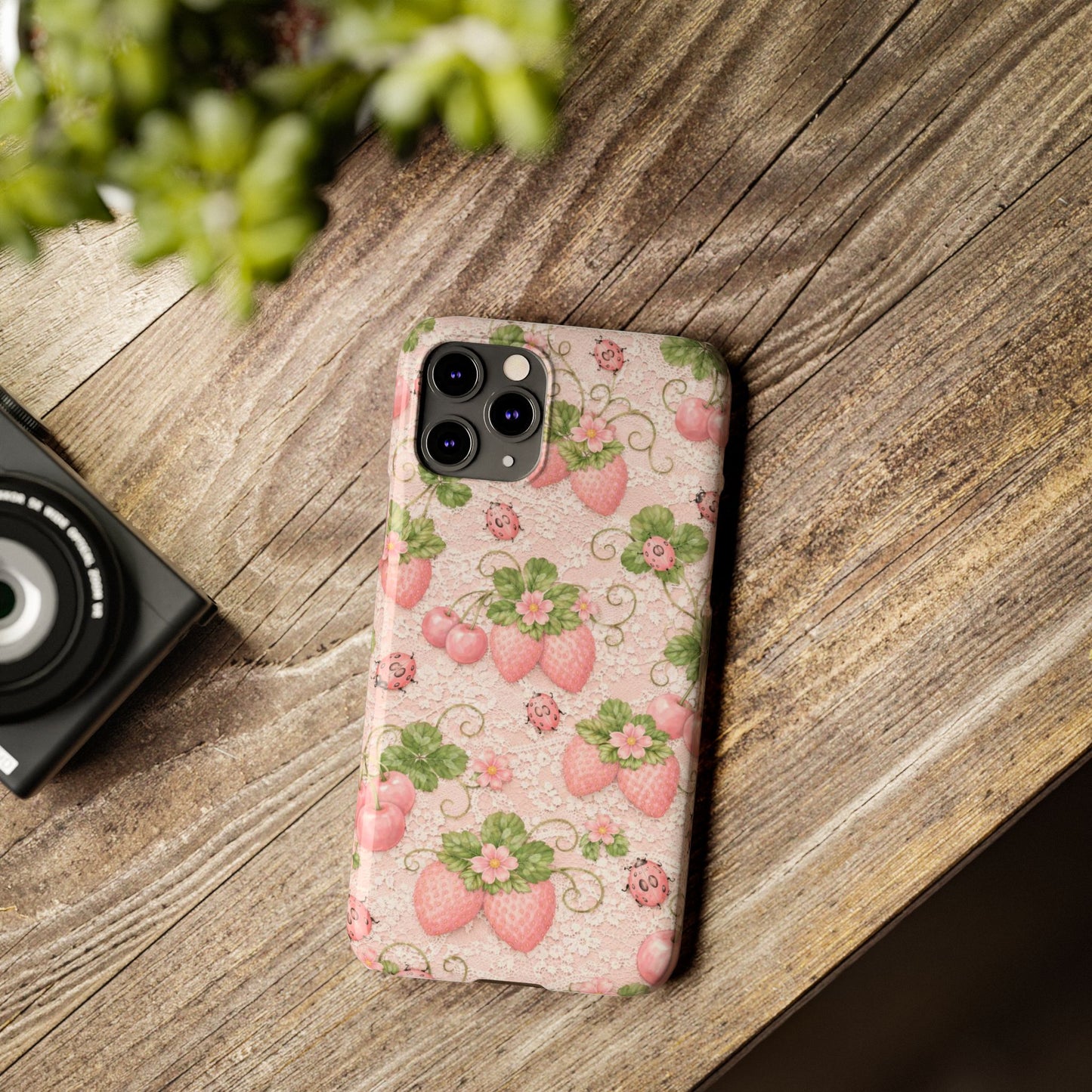 Strawberry Pattern Slim Phone Case — Vintage Pink Floral Fruit Design