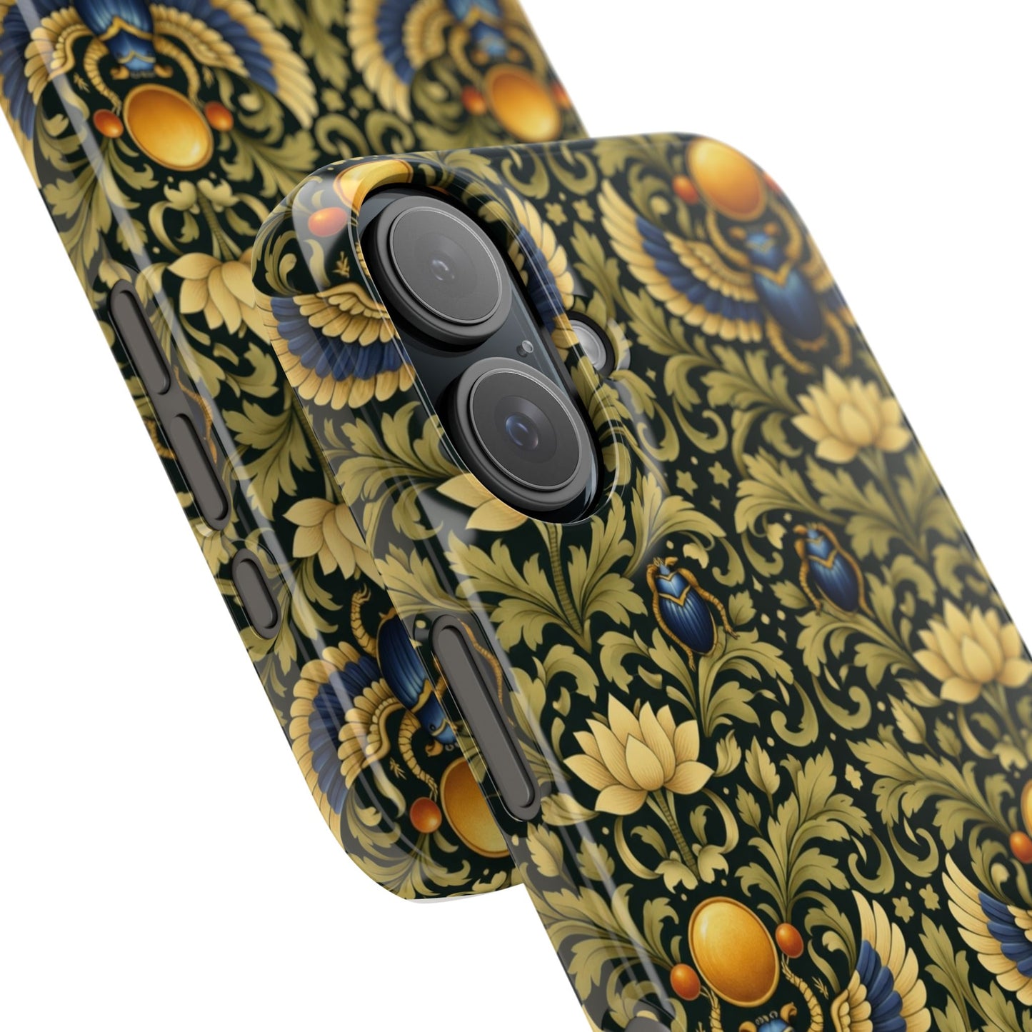 Slim Phone Case — Vintage Egyptian Scarab & Lotus Pattern (Gold on Olive)