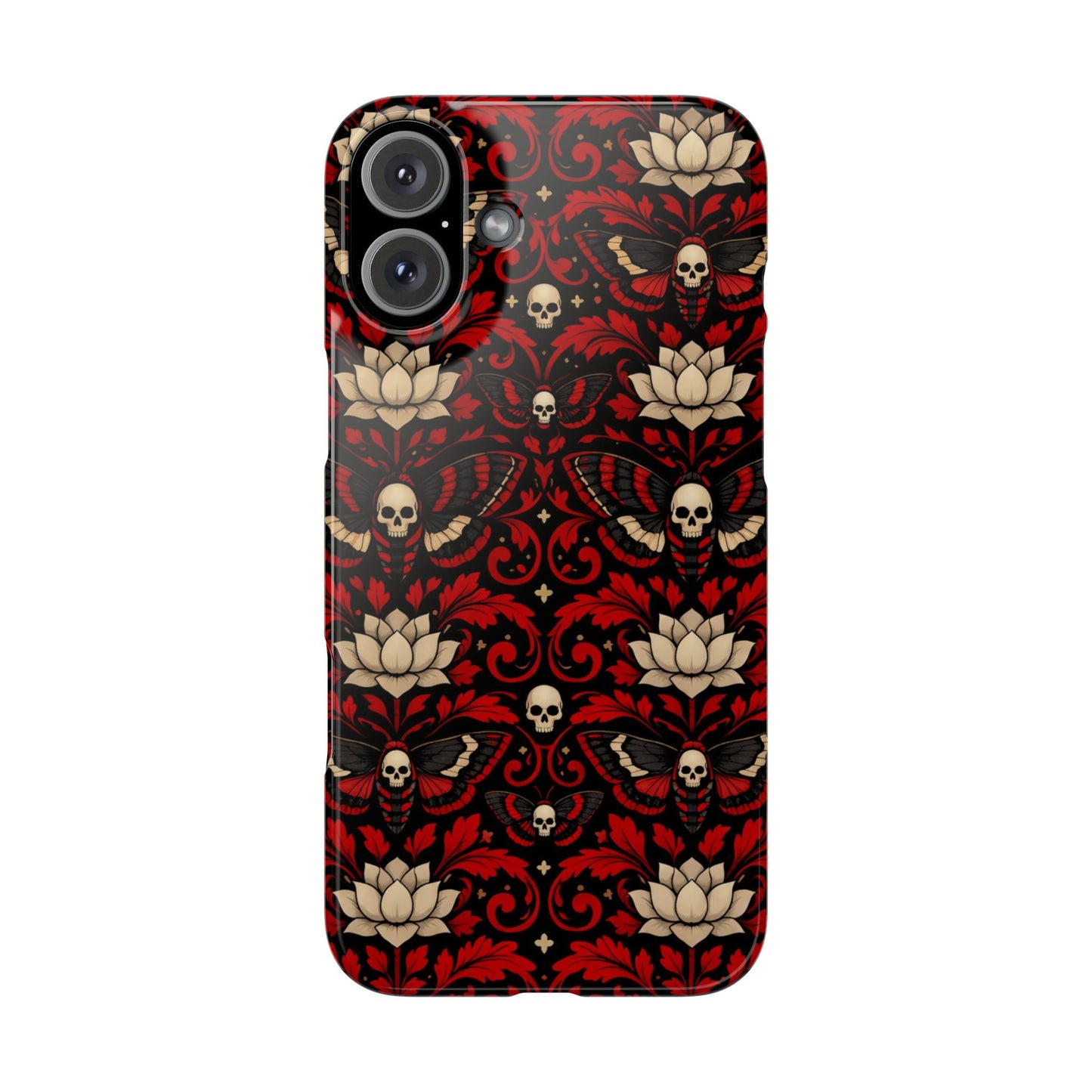 Gothic Skull & Lotus Slim Phone Case — Red Damask Moth Pattern