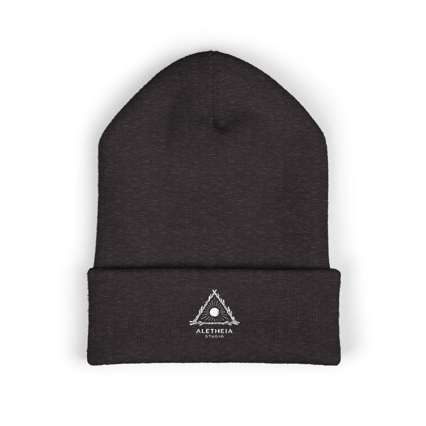 Embroidered Heart Rose Cuffed Beanie – Minimal White Knit Winter Hat