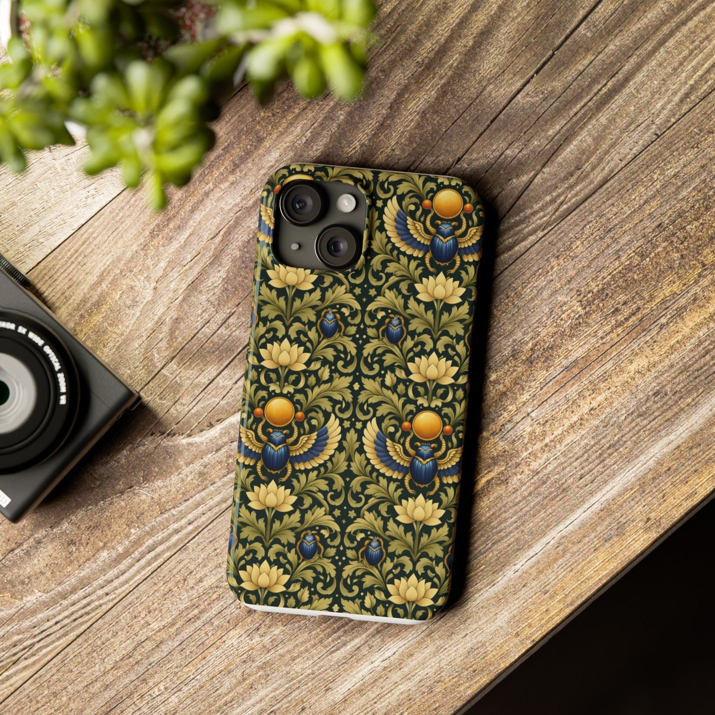 Slim Phone Case — Vintage Egyptian Scarab & Lotus Pattern (Gold on Olive)