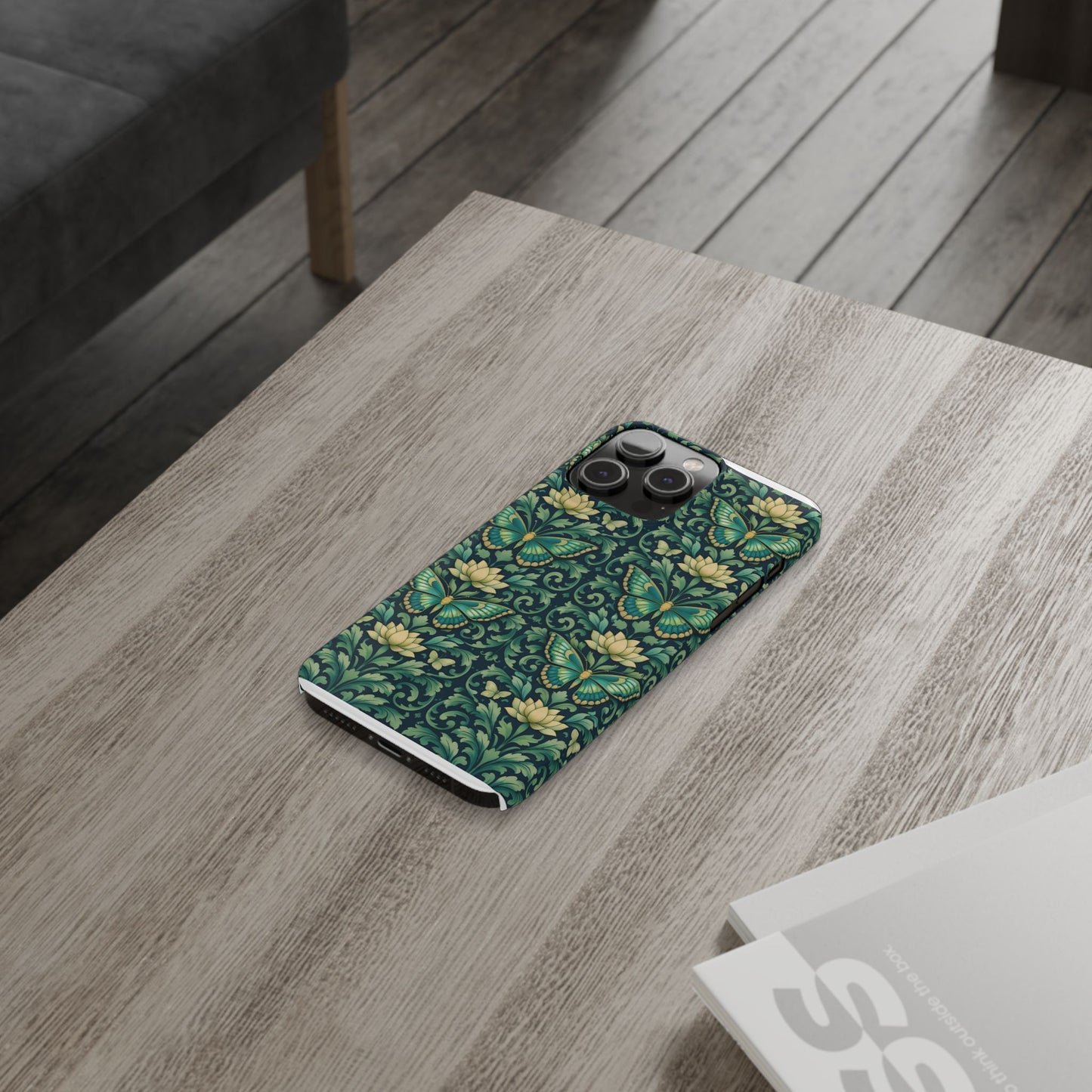Slim Phone Case — Vintage Green Butterfly & Lotus Pattern