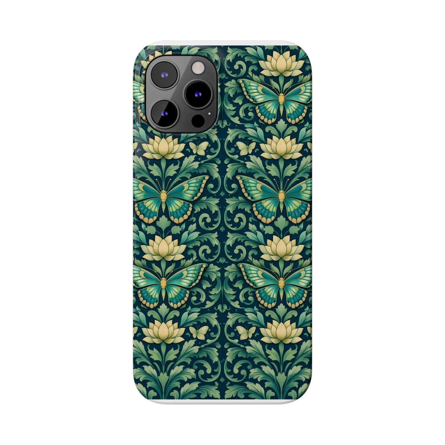Slim Phone Case — Vintage Green Butterfly & Lotus Pattern
