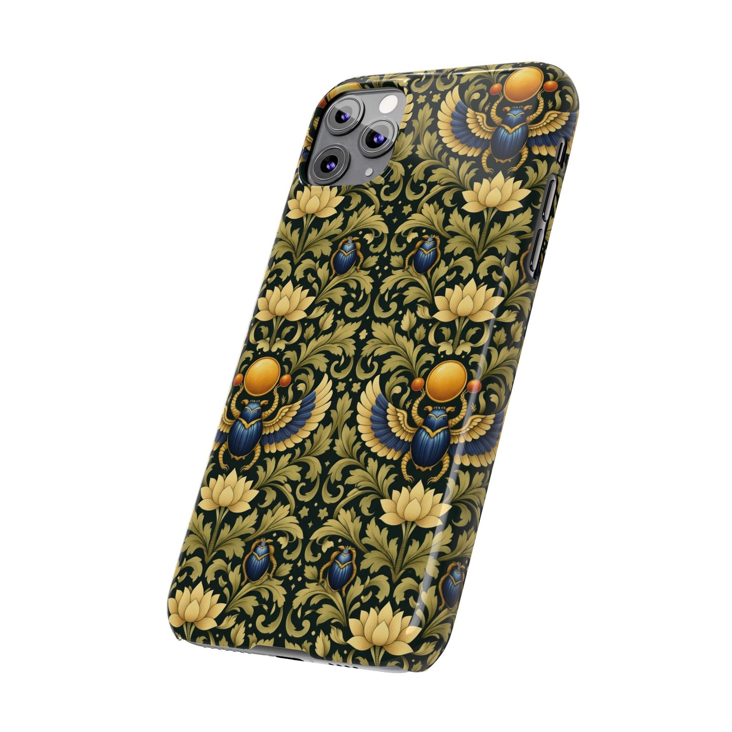 Slim Phone Case — Vintage Egyptian Scarab & Lotus Pattern (Gold on Olive)