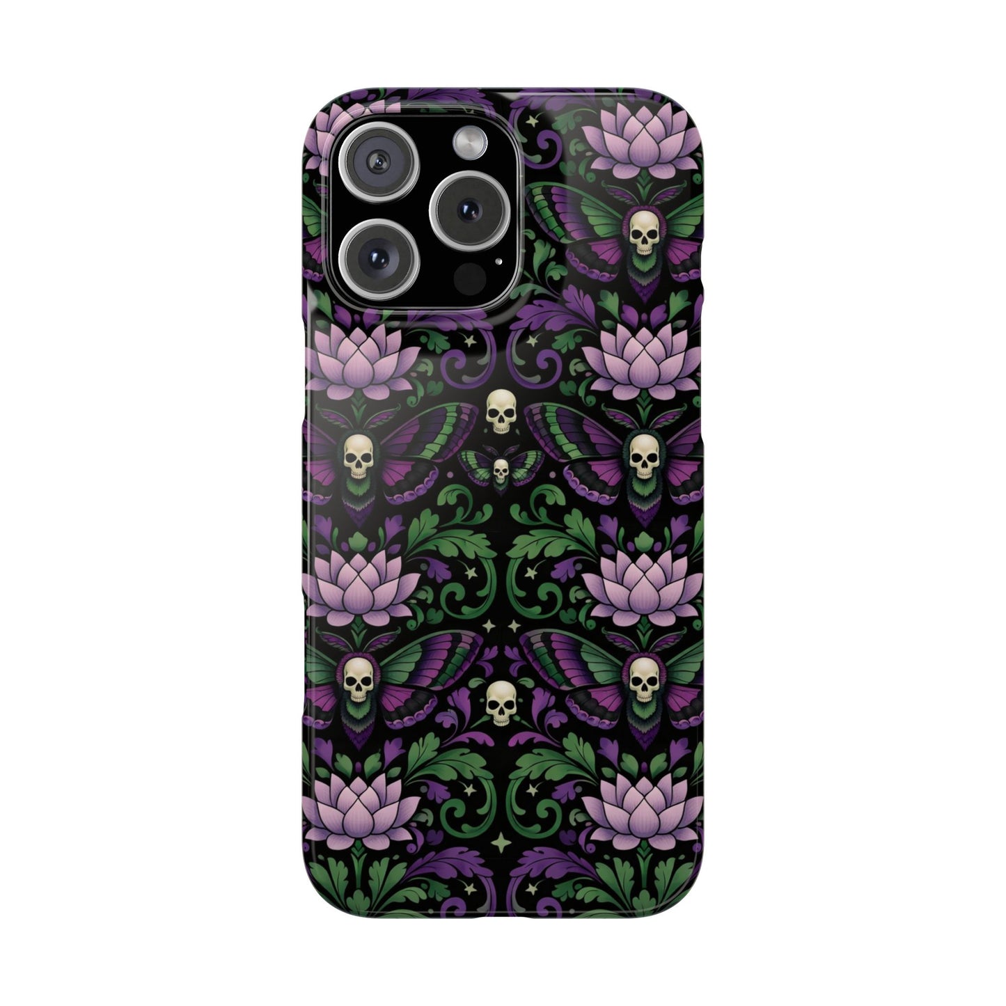 Gothic Lotus & Skull Slim Phone Case — Dark Floral Pattern for iPhone