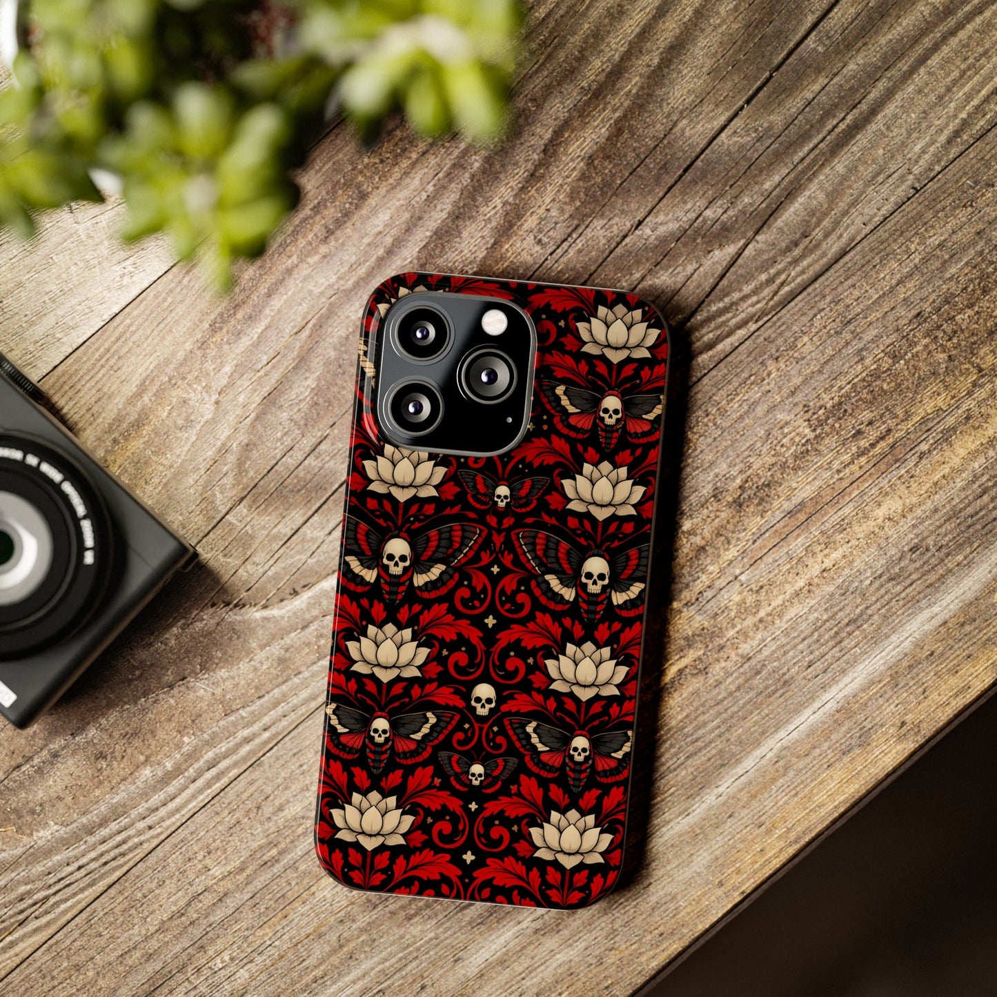 Gothic Skull & Lotus Slim Phone Case — Red Damask Moth Pattern