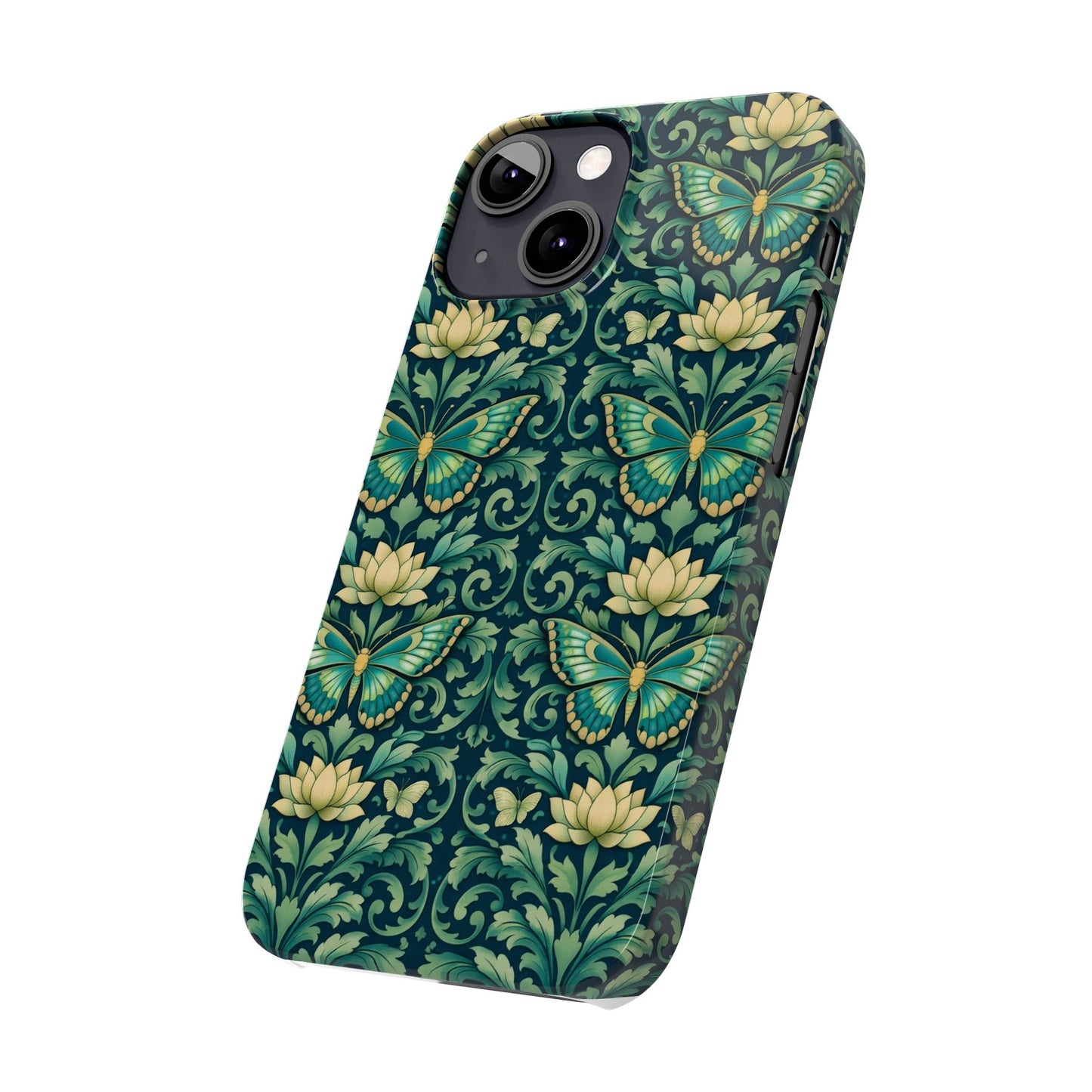 Slim Phone Case — Vintage Green Butterfly & Lotus Pattern