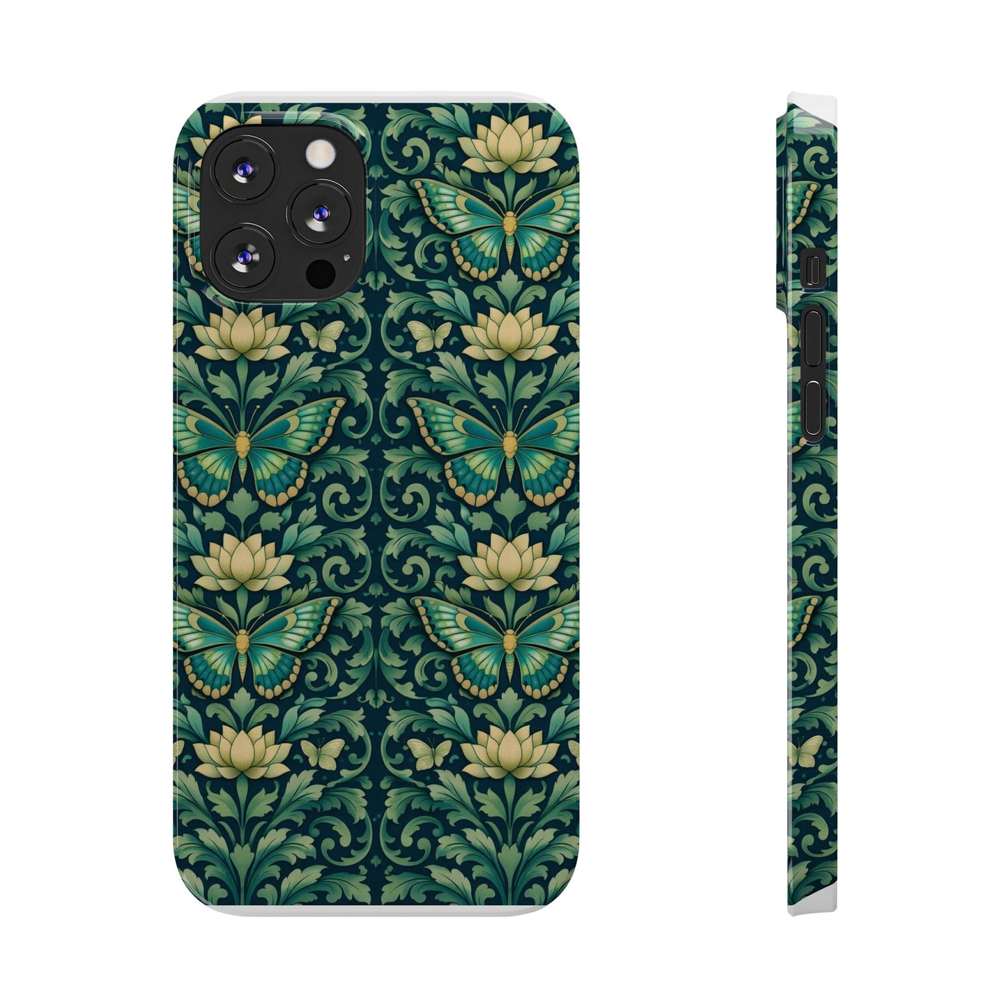 Slim Phone Case — Vintage Green Butterfly & Lotus Pattern