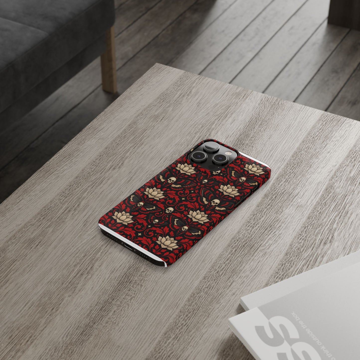 Gothic Skull & Lotus Slim Phone Case — Red Damask Moth Pattern