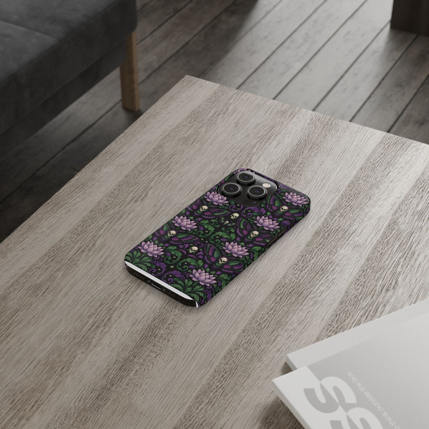 Gothic Lotus & Skull Slim Phone Case — Dark Floral Pattern for iPhone