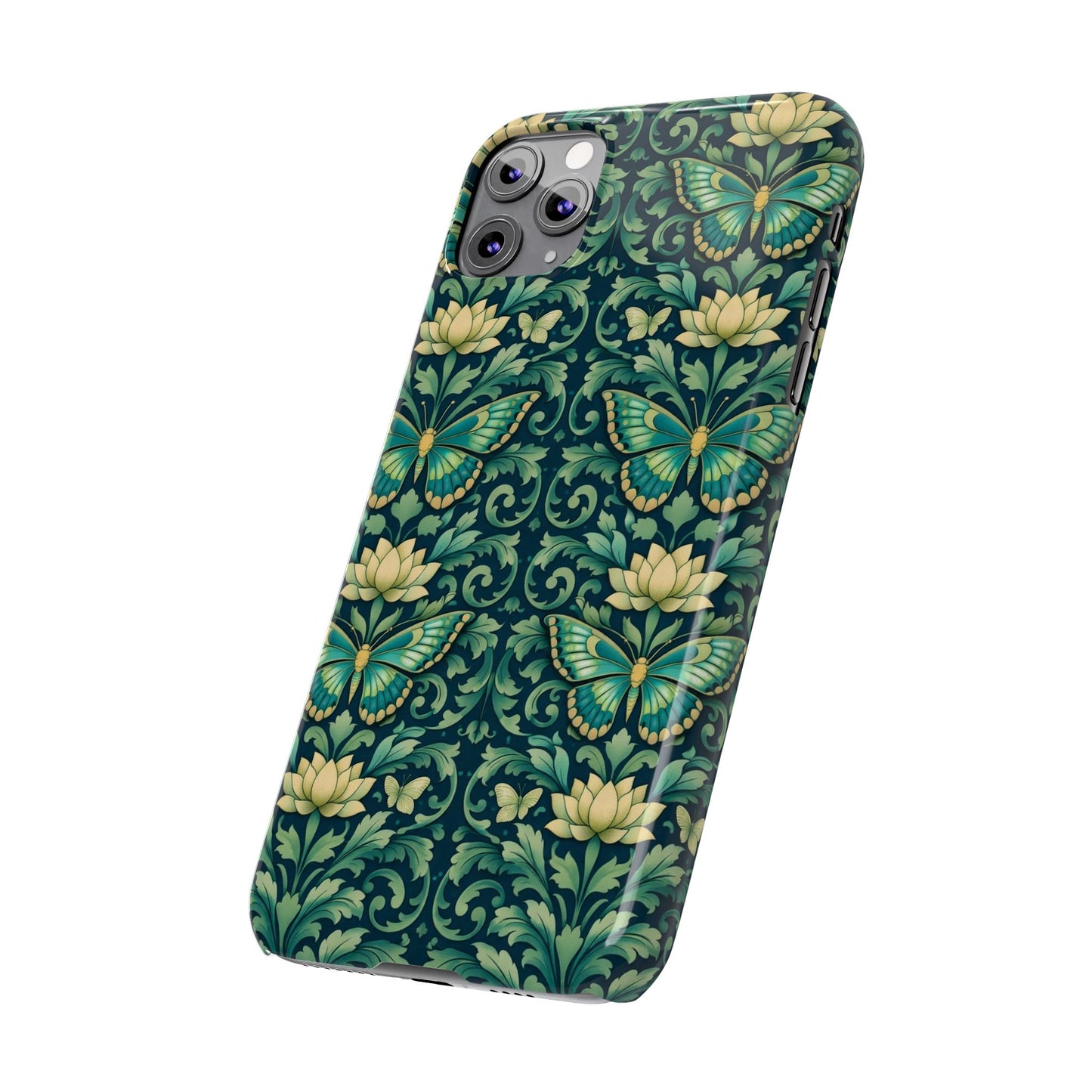 Slim Phone Case — Vintage Green Butterfly & Lotus Pattern