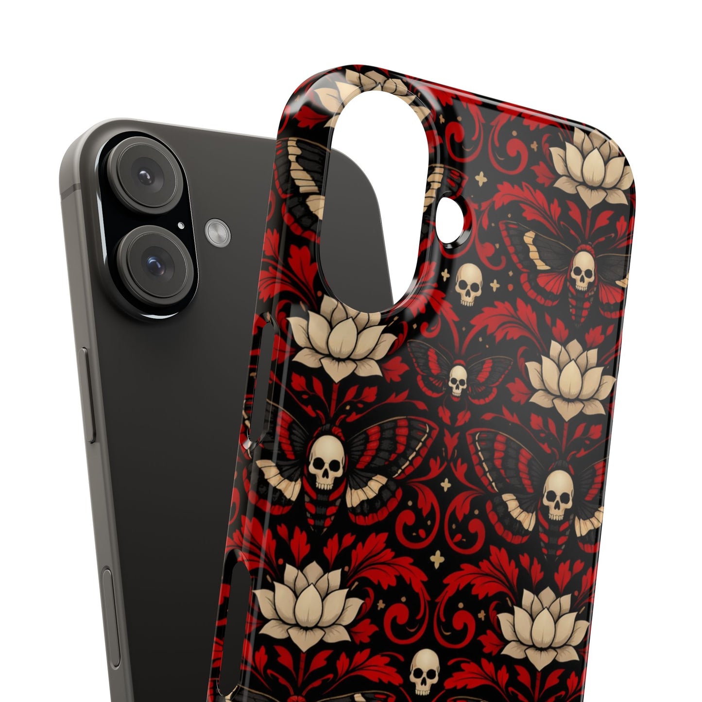 Gothic Skull & Lotus Slim Phone Case — Red Damask Moth Pattern