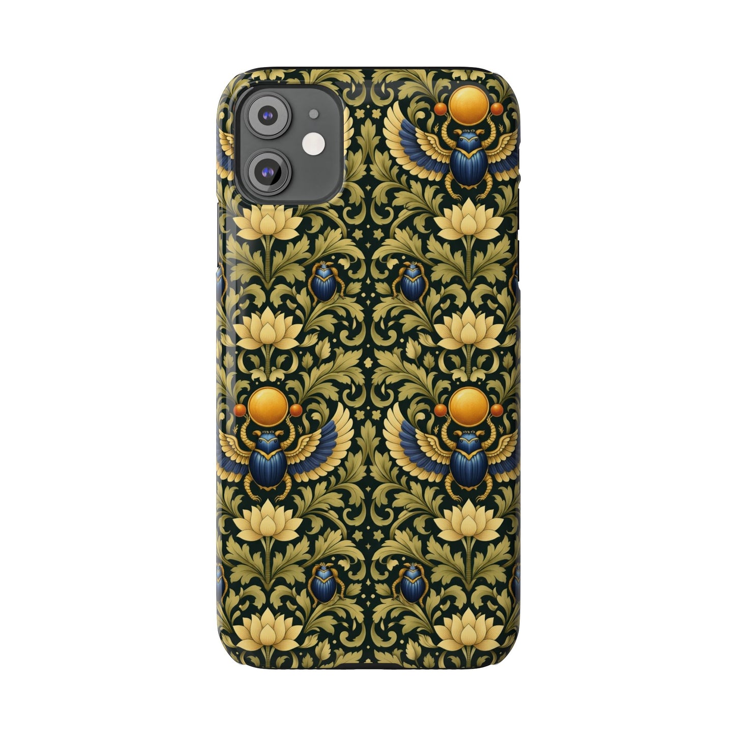 Slim Phone Case — Vintage Egyptian Scarab & Lotus Pattern (Gold on Olive)