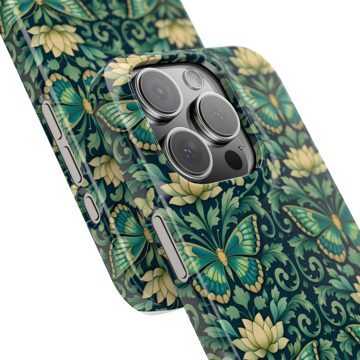 Slim Phone Case — Vintage Green Butterfly & Lotus Pattern