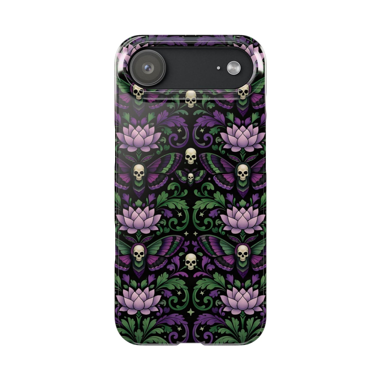 Gothic Lotus & Skull Slim Phone Case — Dark Floral Pattern for iPhone