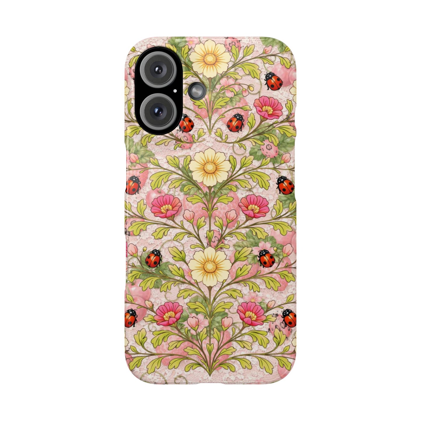 Floral Ladybug Slim Phone Case — Vintage Botanical Pink Garden Design